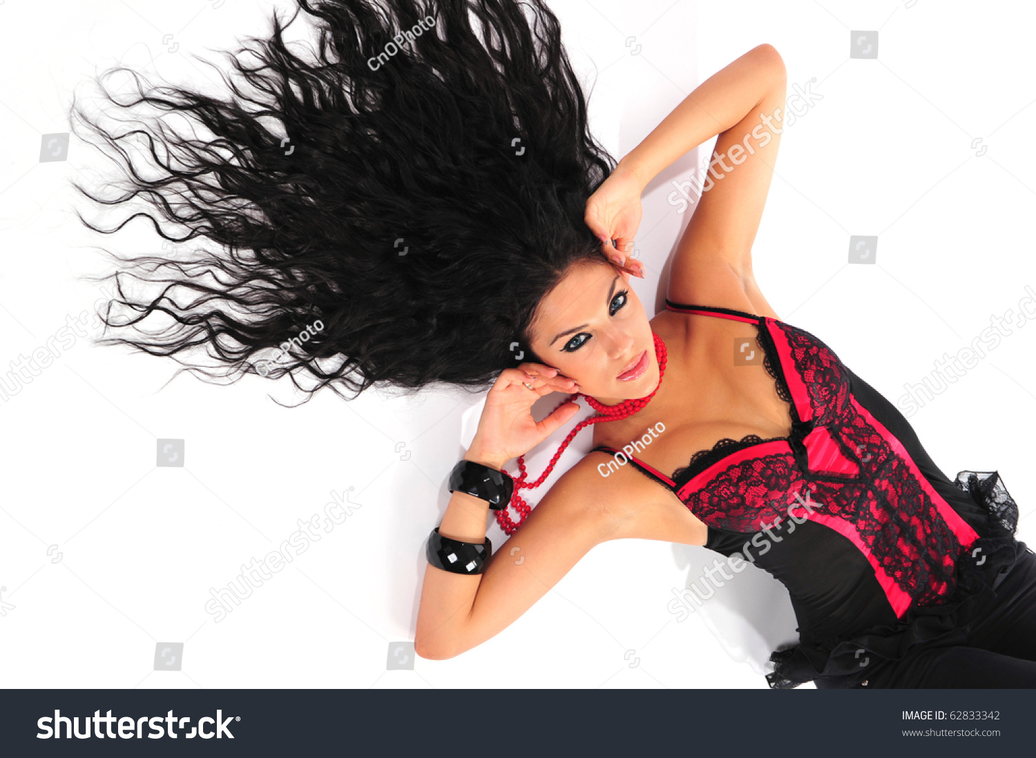 Sexy Brunette Red Corset Long Hair Stock Photo Edit Now 62833342