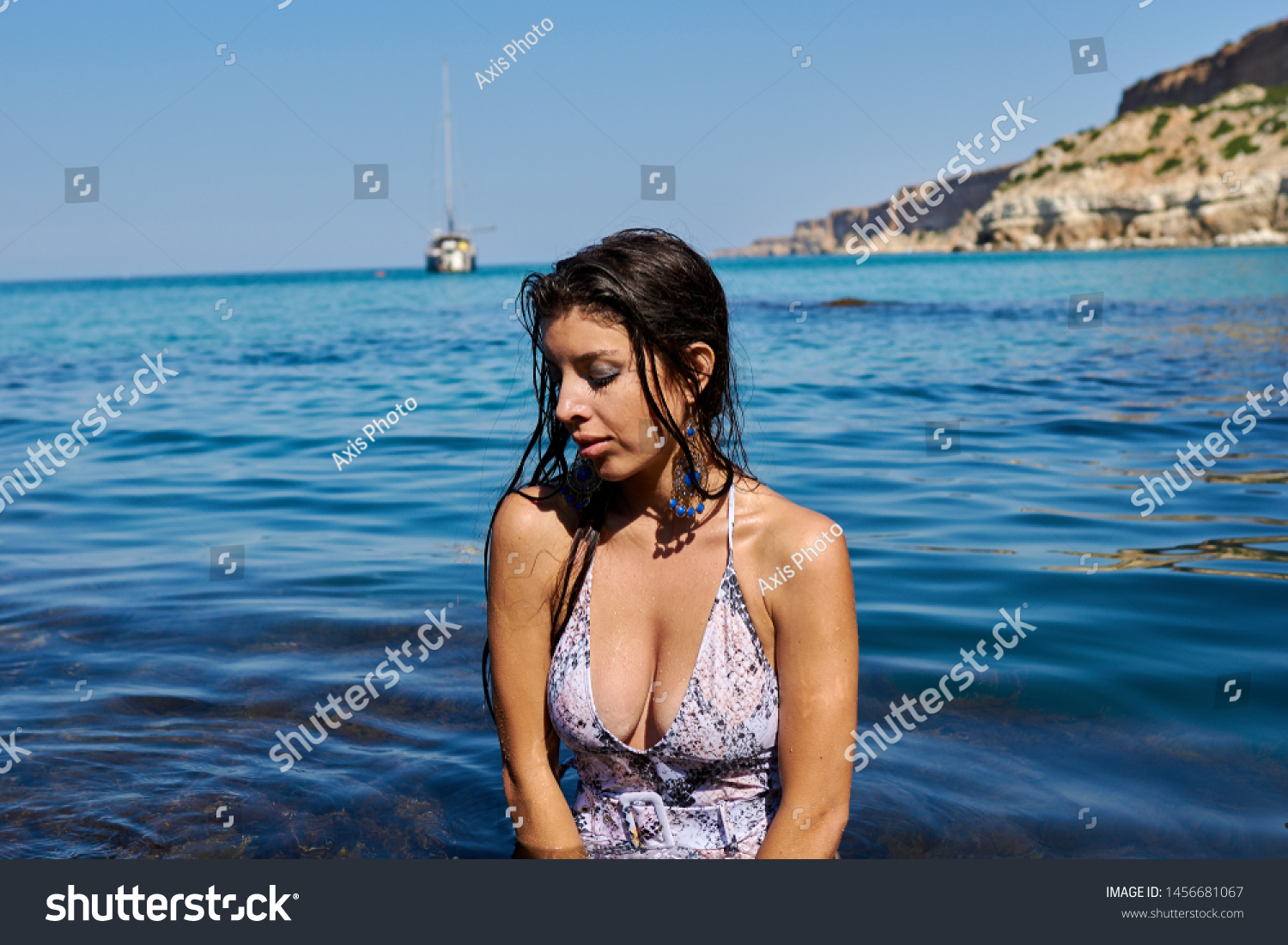 Sexy Brunette Long Hair Posing Swimsuit Stock Photo Edit Now