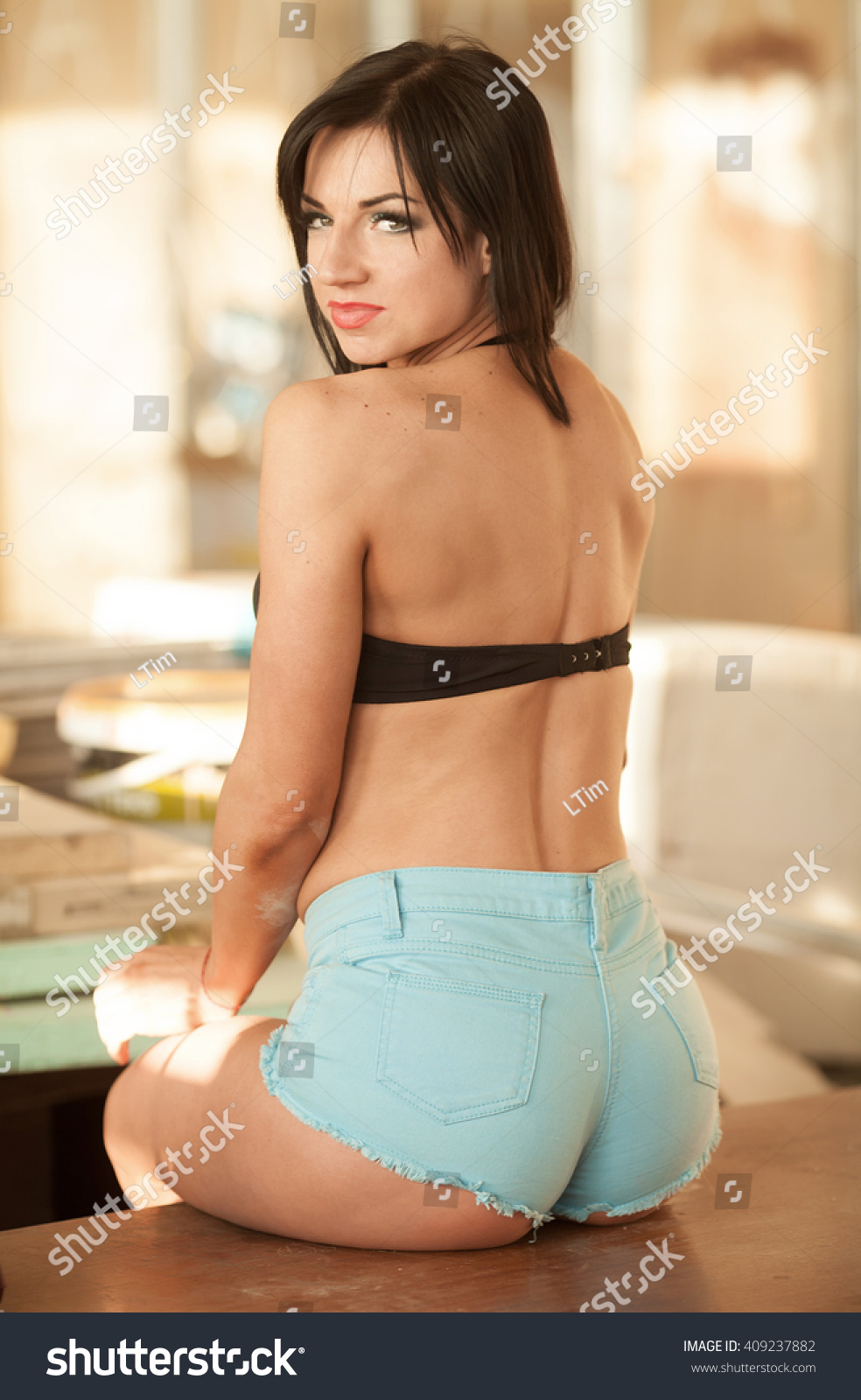 Brunette in lingerie ass Sexy Brunette Woman Black Lingerie Blue Stock Photo Edit Now 409237882
