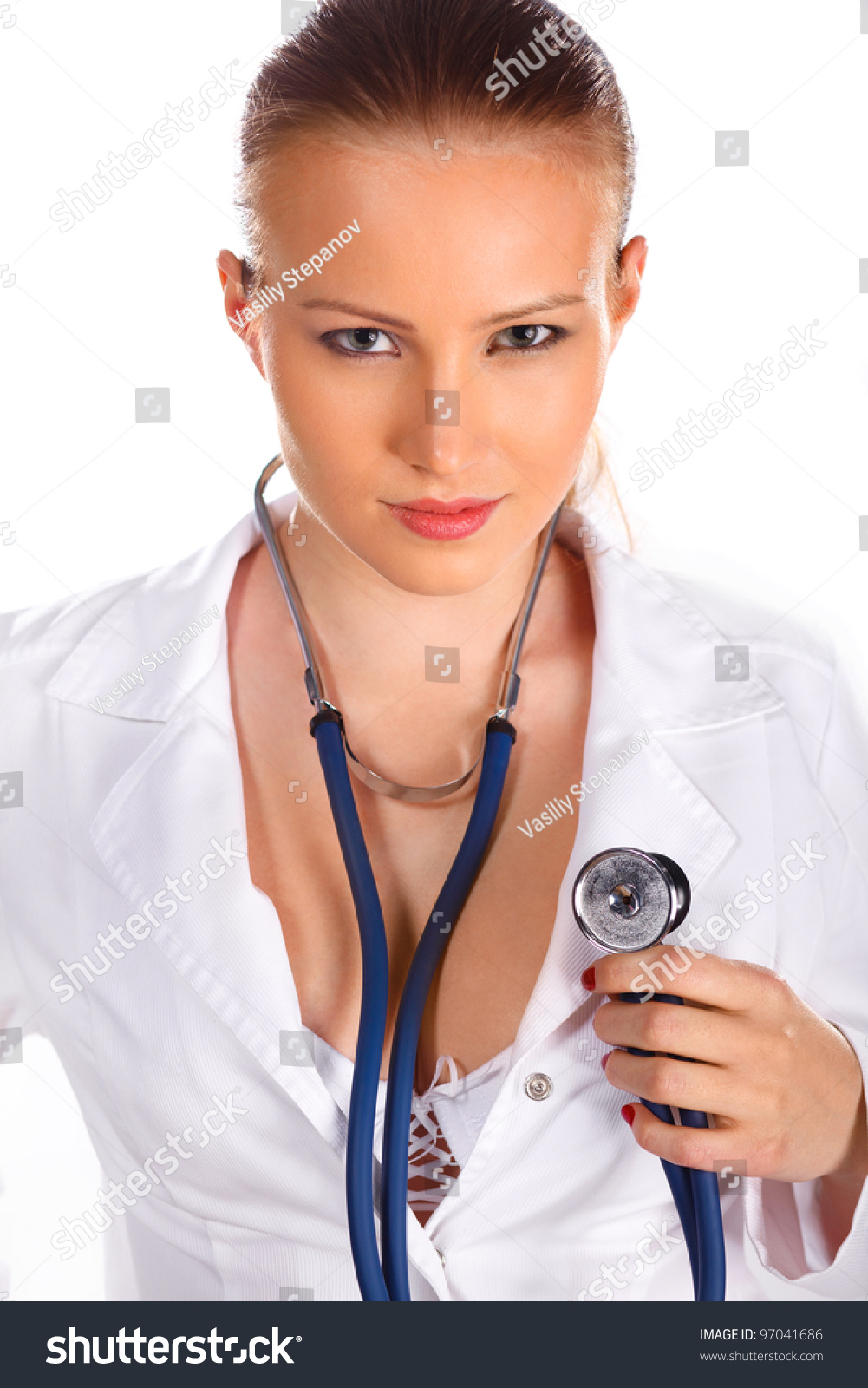 Стоковая фотография 97041686 Sexy Doctor Stethoscope Unbuttoned Robe