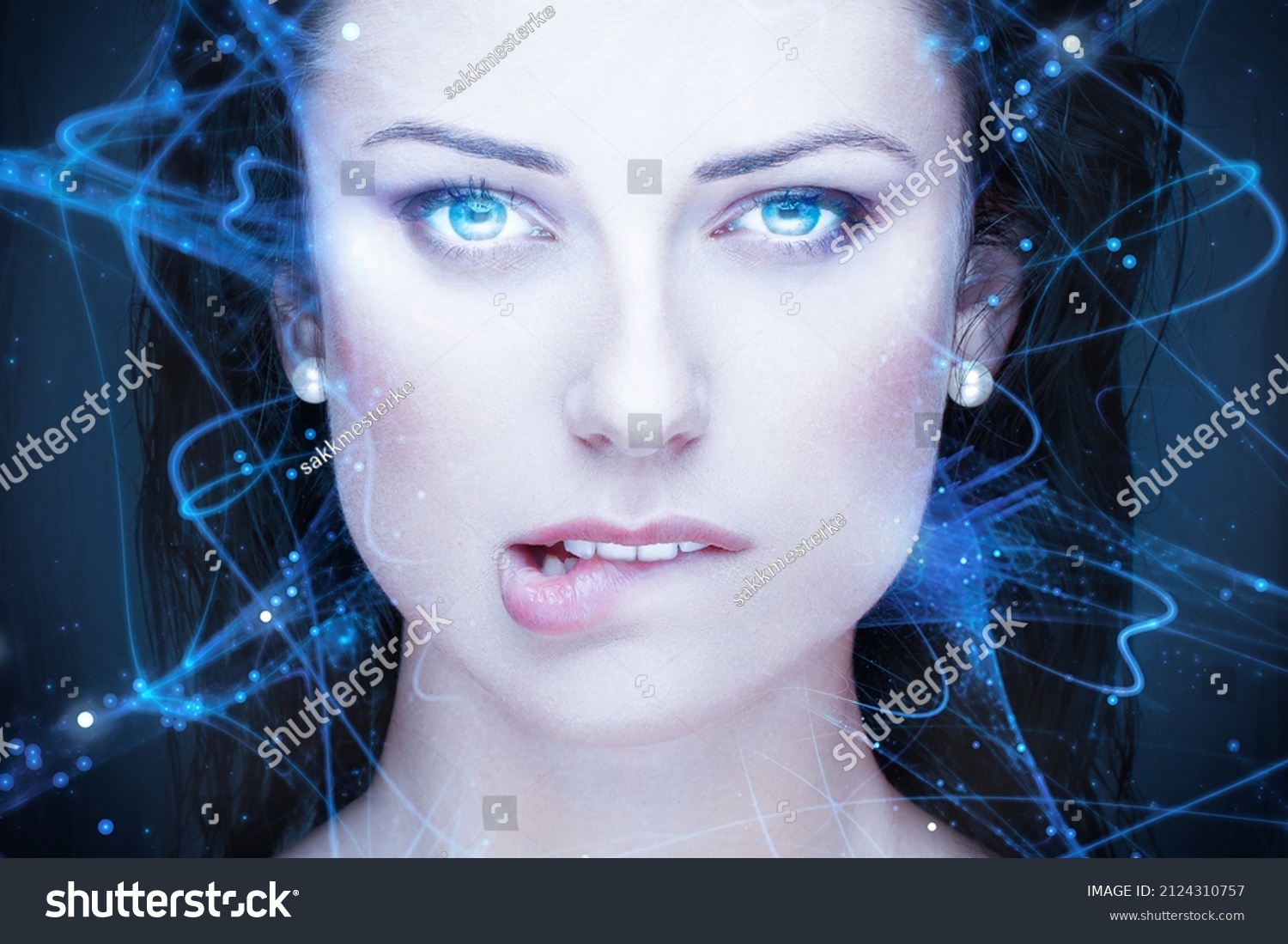 唇のポートレートを噛む青い輝く目とセクシーな未来的な現実的なロボット、サイバーセックス写真素材2124310757 Shutterstock 3822