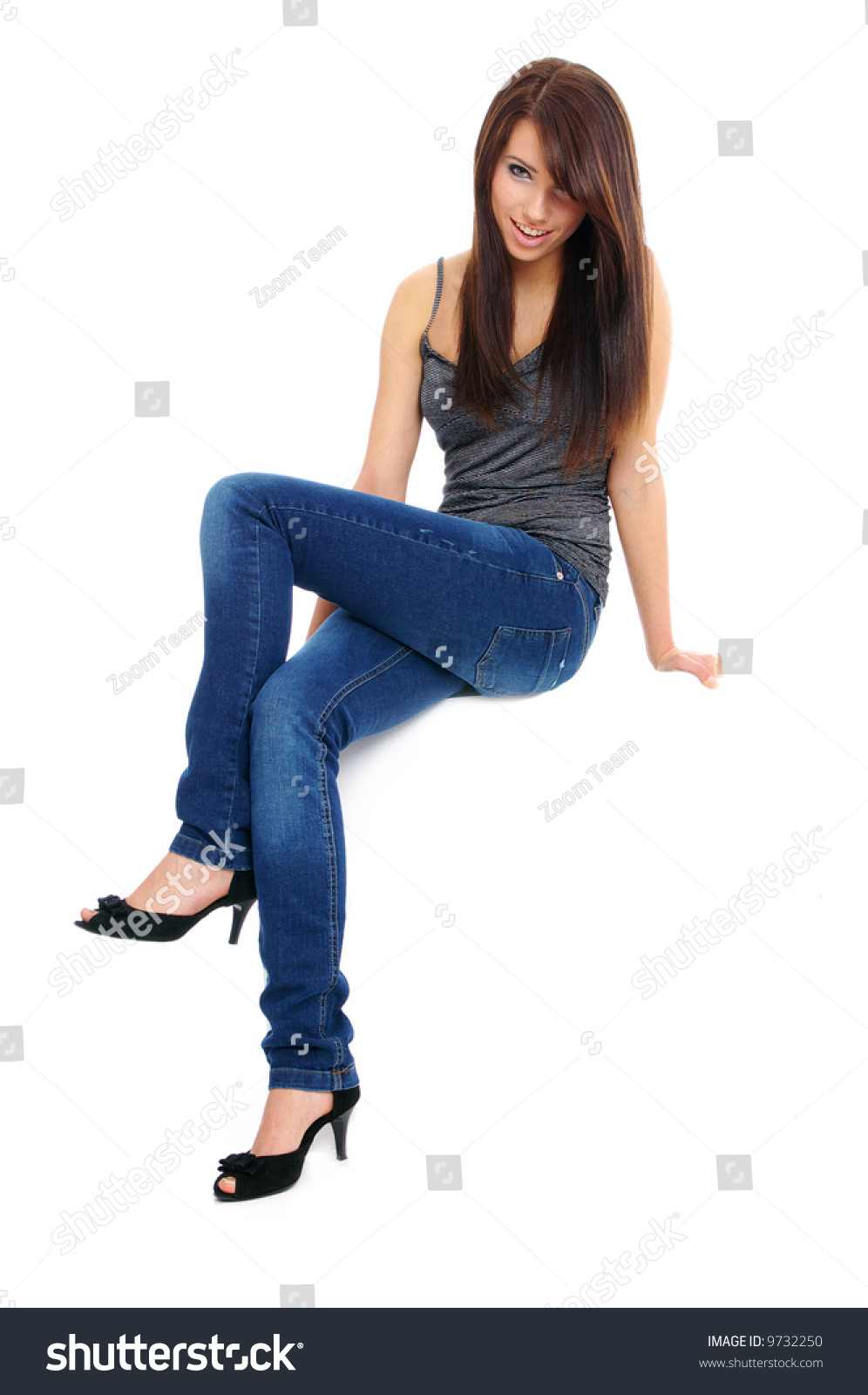 Sexy Girl In Jeans Sitting On The White Table Stock Photo 9732250 ...