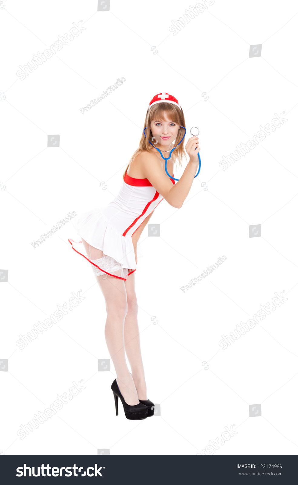 Sexy Nurse Stockings High Heels Isolated Foto De Stock 122174989