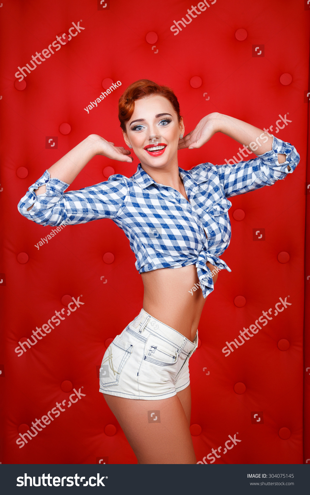Стоковая фотография 304075145 Sexy Retro Pin Girl Short Shorts Shutterstock