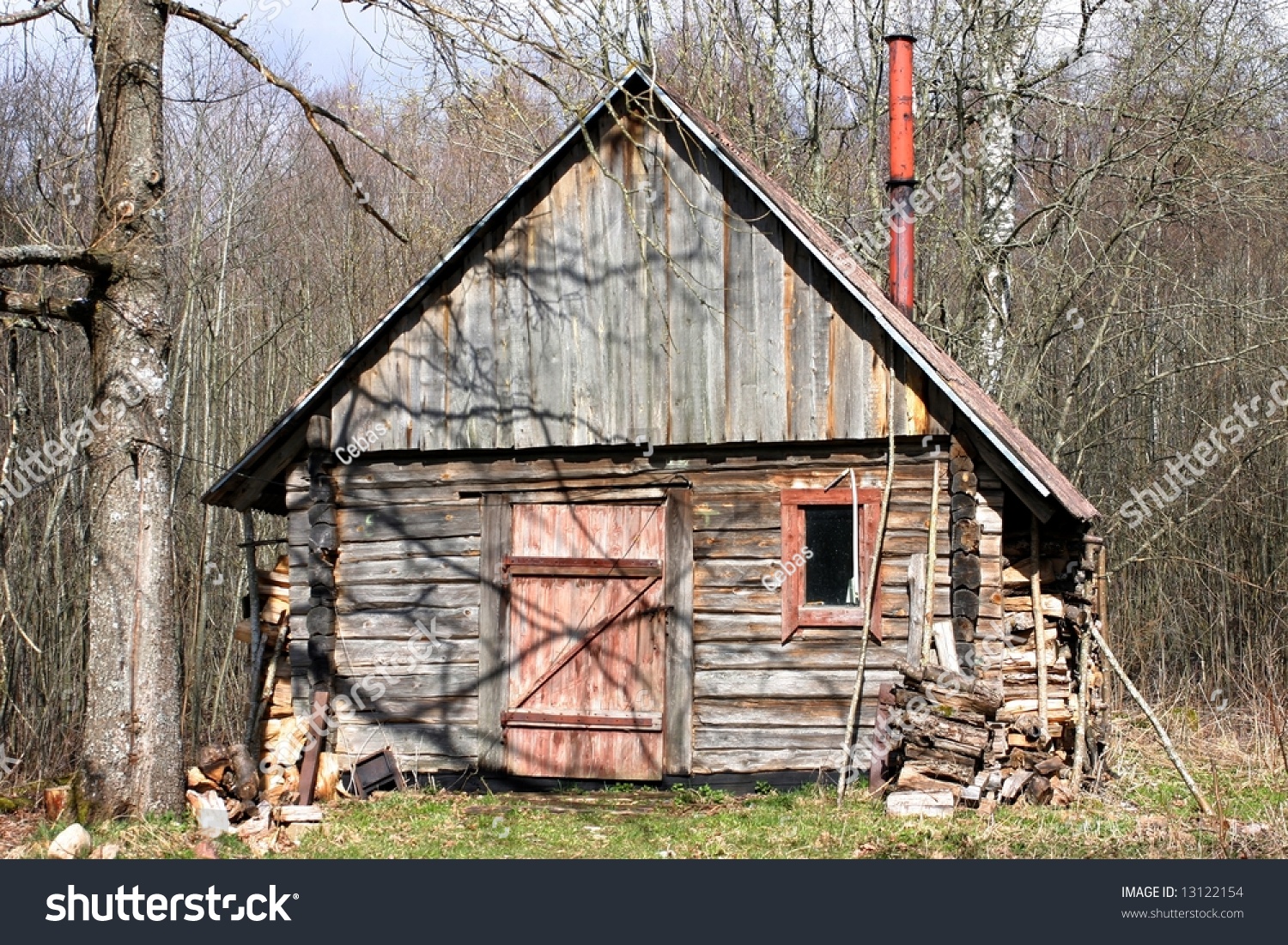 Shabby Wooden Hut In The Forest. Early Spring Day, Sunny Midday. Stock ...