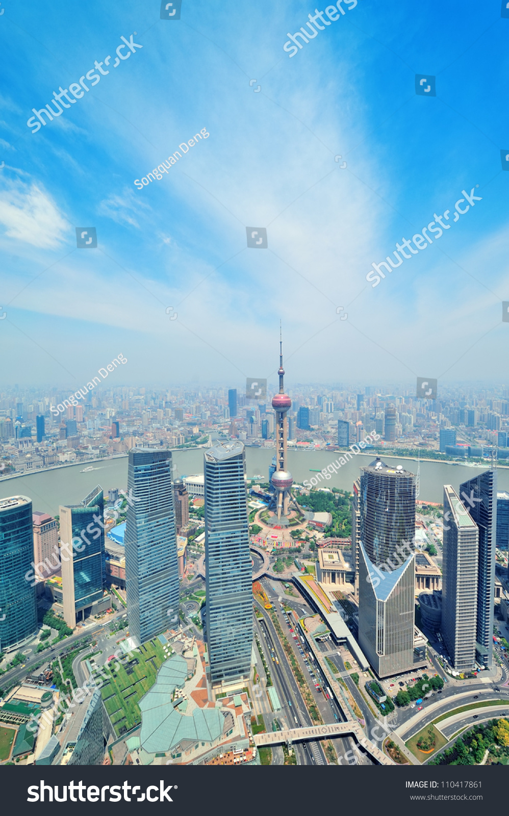 Shanghai City Aerial View In The Day With Blue Sky And Cloud With ...