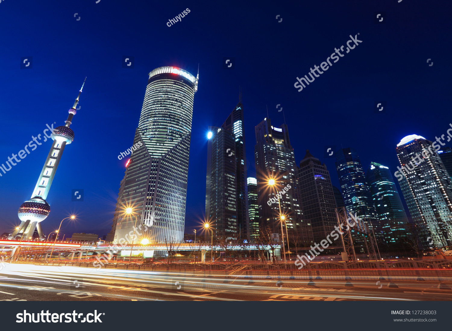 Shanghai Lujiazui Financial Center At Night With Light Trails On The ...