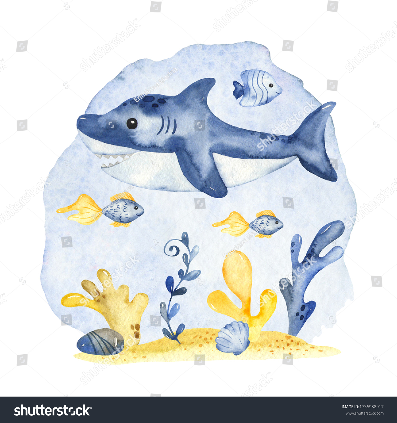 水中生物サメイルカ魚球クラゲ水上馬藻サンゴ 水彩手描きのクリップアート のイラスト素材 Shutterstock