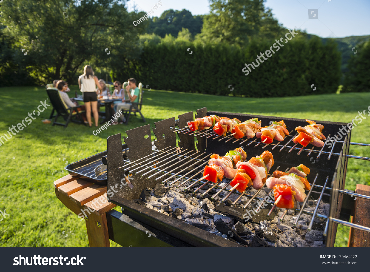 Shashlick Laying On The Grill With A Group Of Friends In The Background ...