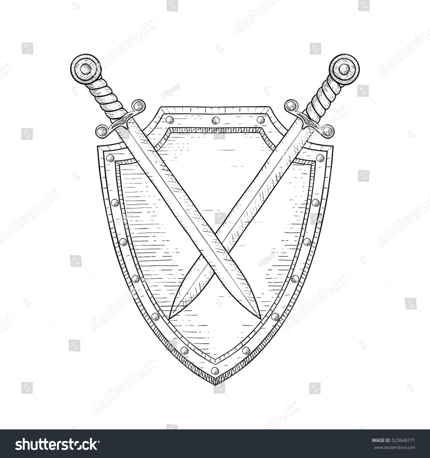 Shield With Swords. Hand Drawn Sketch. Illustration Isolated On White ...