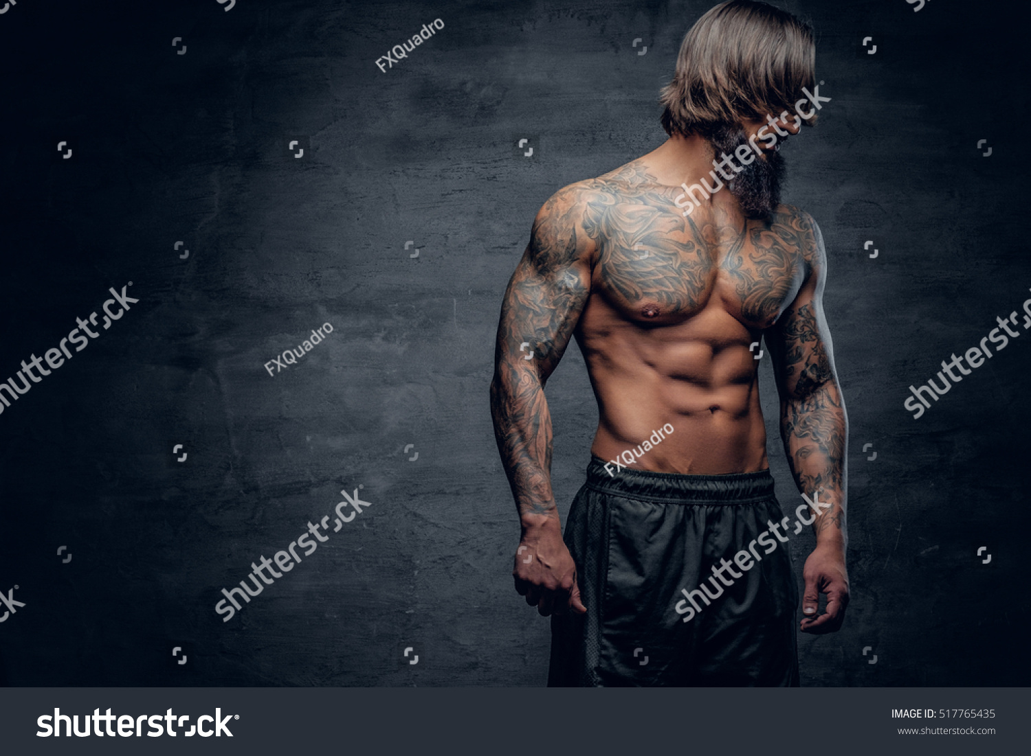 Shirtless Athletic Bearded Hipster Male Tattooed Stock 