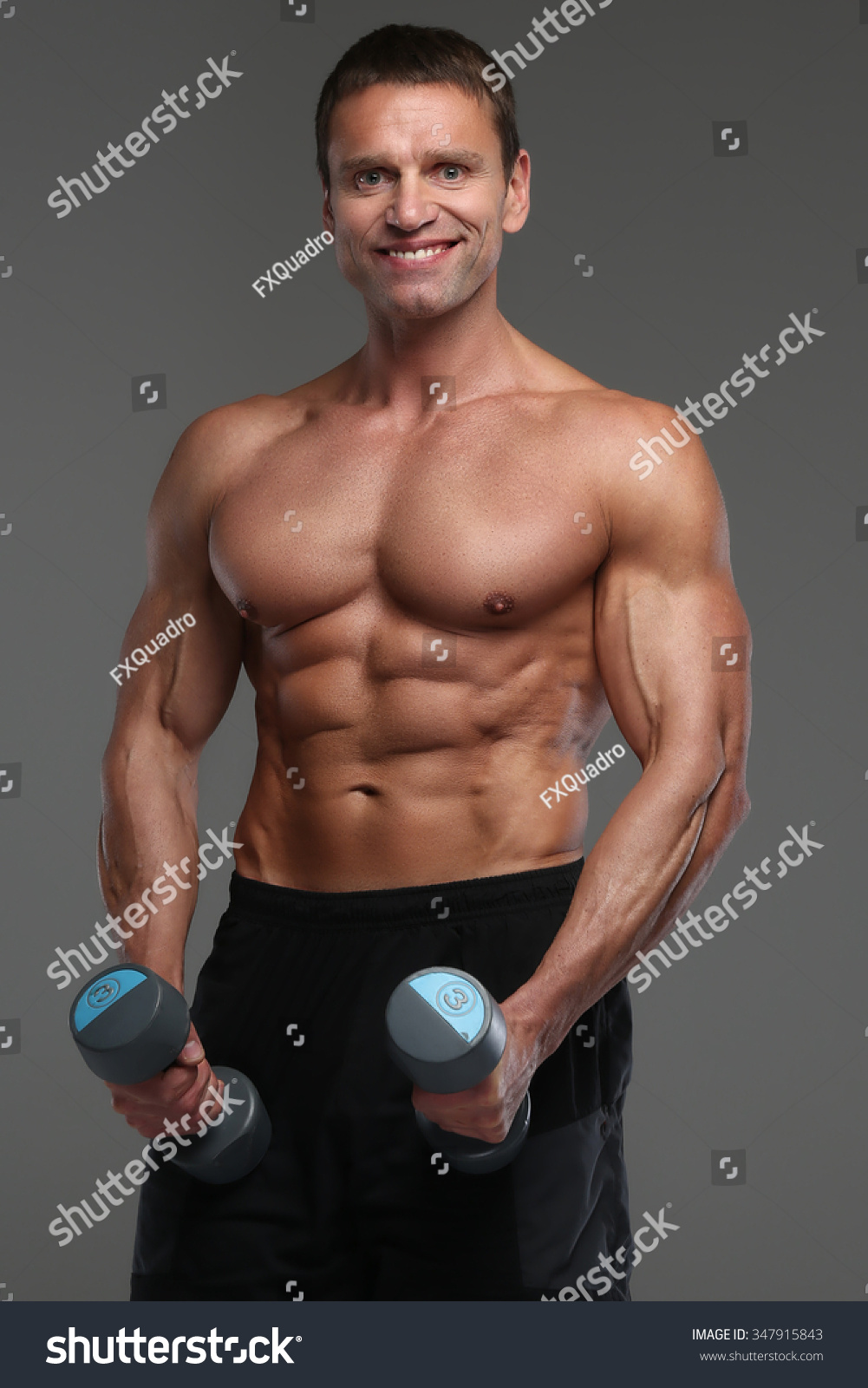 Shirtless Bodybuilder Holding Pair Dumbells Isolated Stock Photo (Edit ...