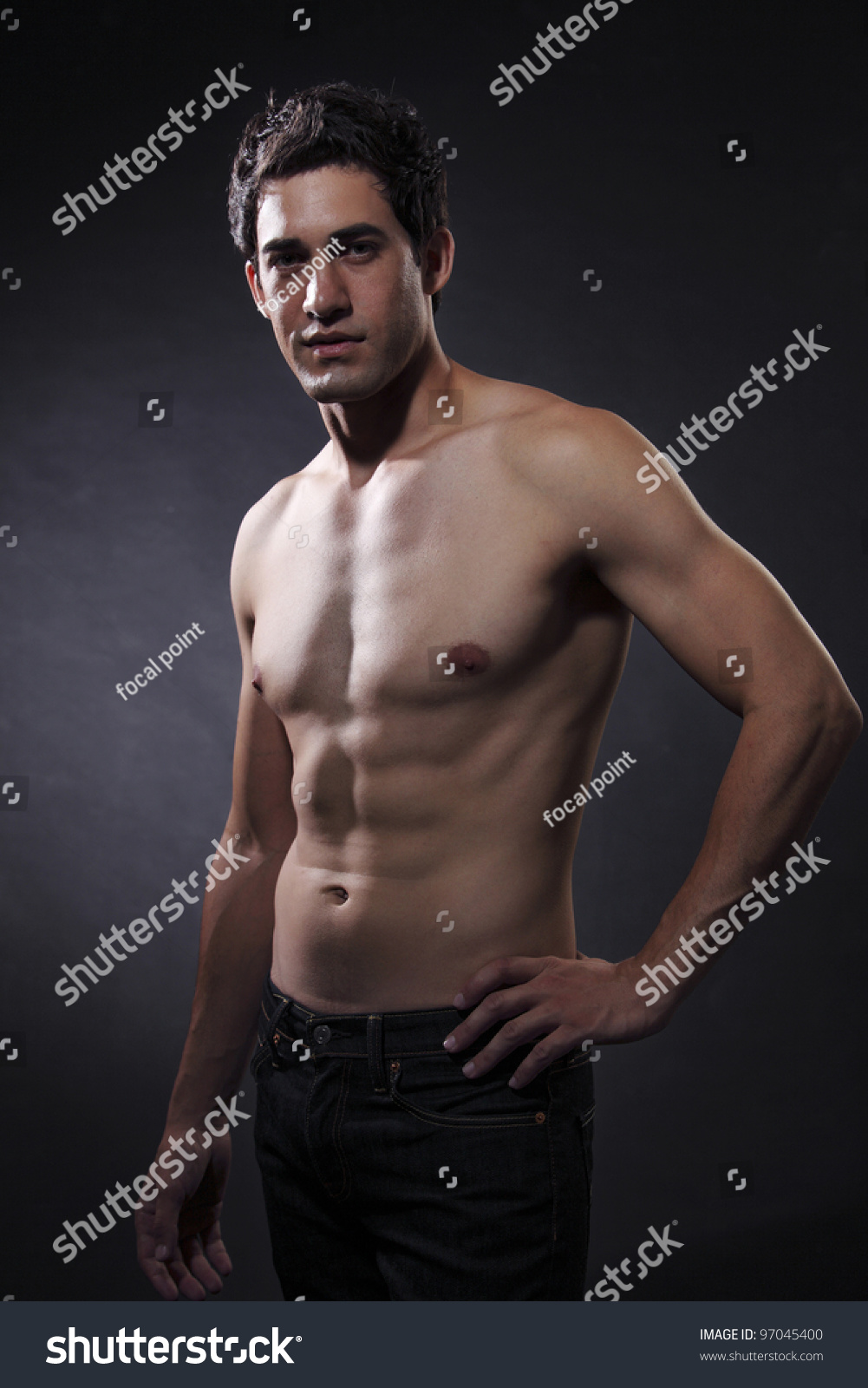 Shirtless Male Model Jeans On Gray Foto Stok Shutterstock