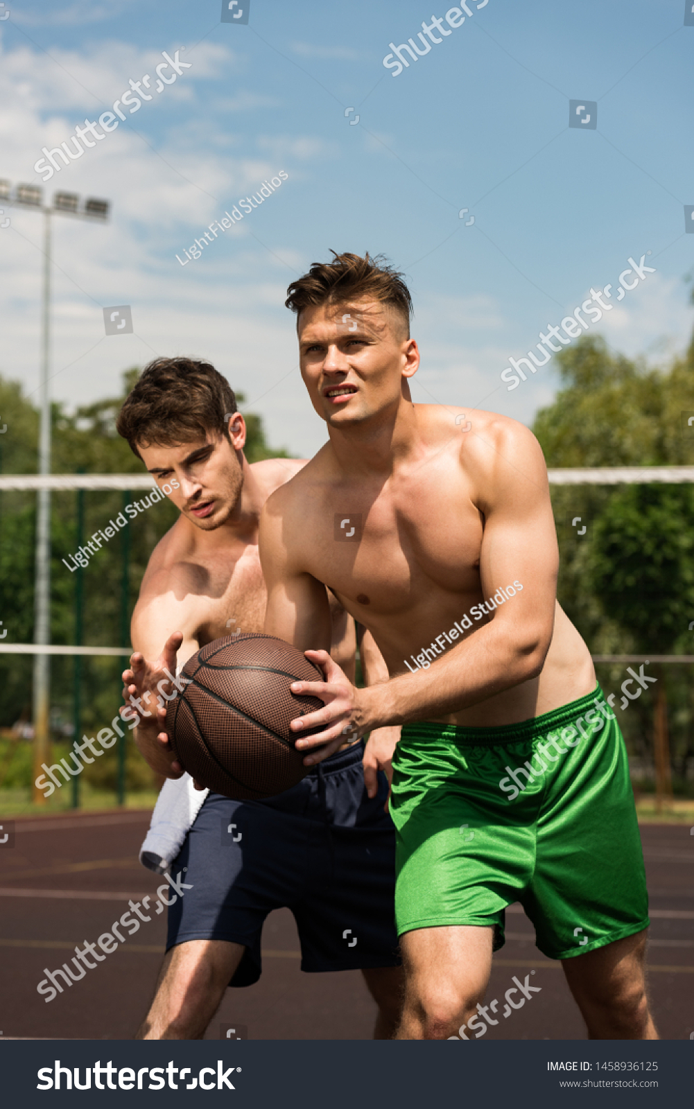 Shirtless Muscular Sportsmen Playing Basketball Basketball Stock Photo ...