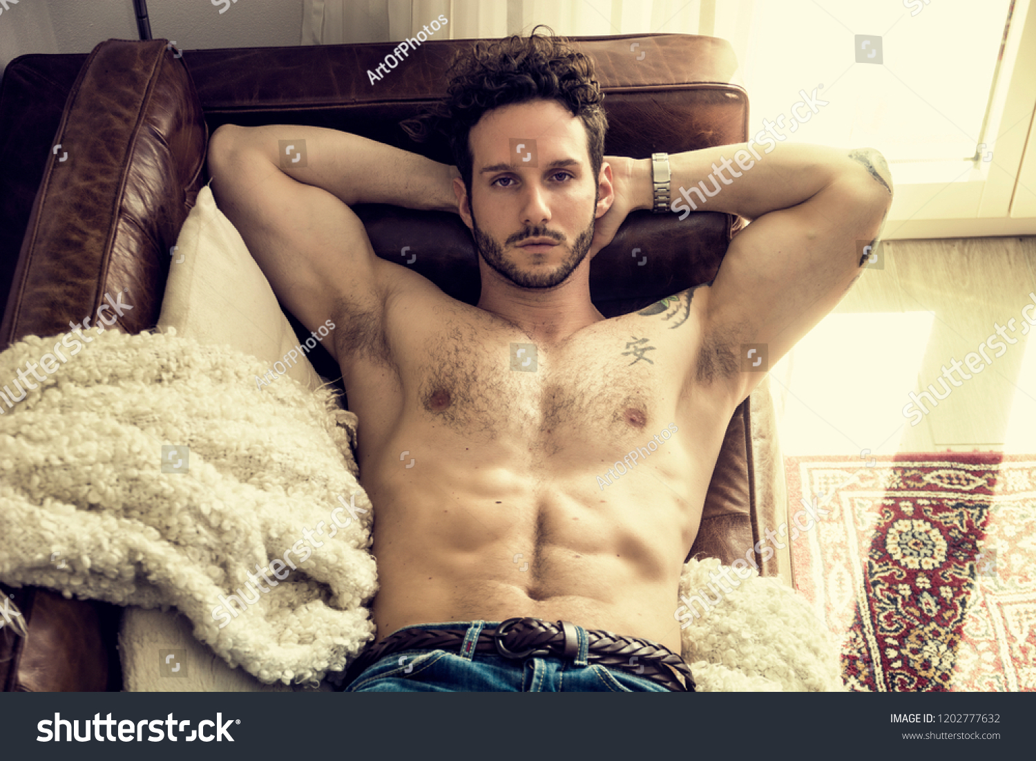 Shirtless Sexy Male Model Lying Alone库存照片1202777632 Shutterstock