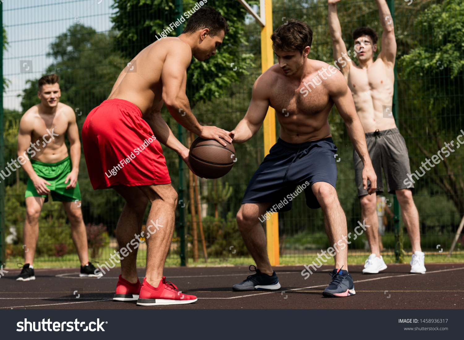 Shirtless Sportsmen Playing Basketball Basketball Court Stock Photo ...