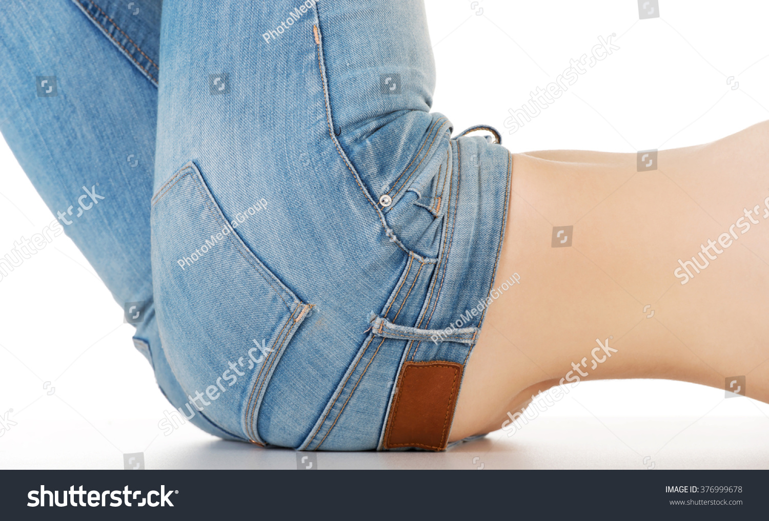 Shirtless Woman Lying Jeans Stock Photo (Edit Now) 376999678