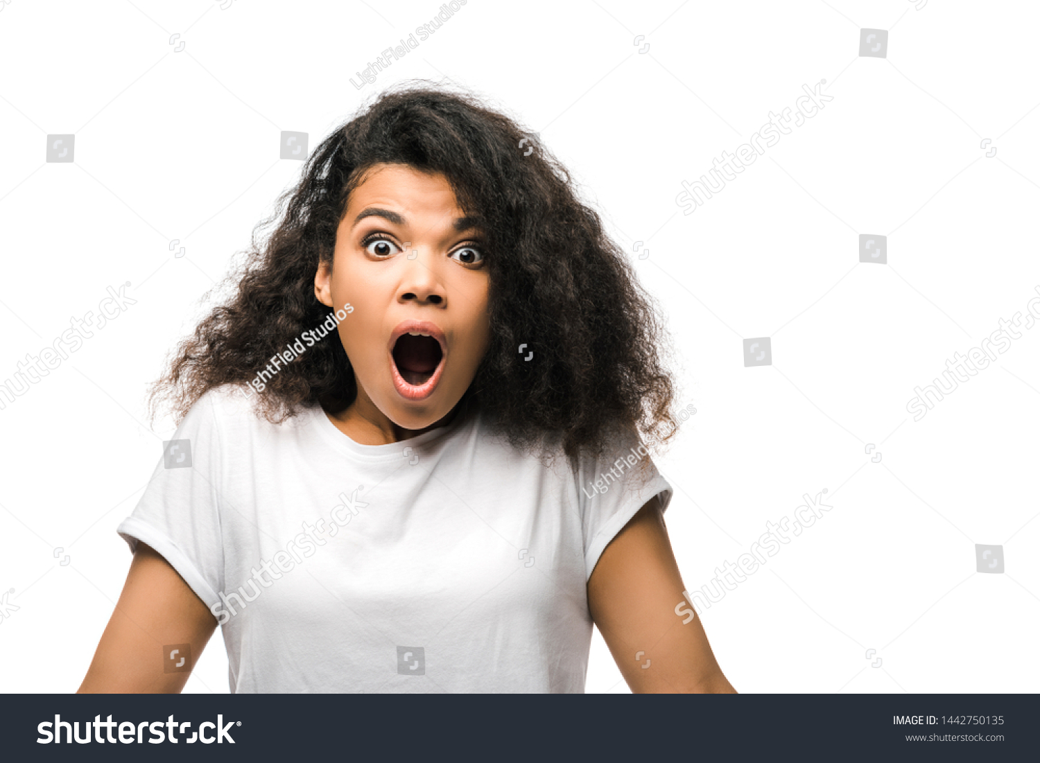 Shocked African American Woman Looking Camera Stock Photo 1442750135 ...