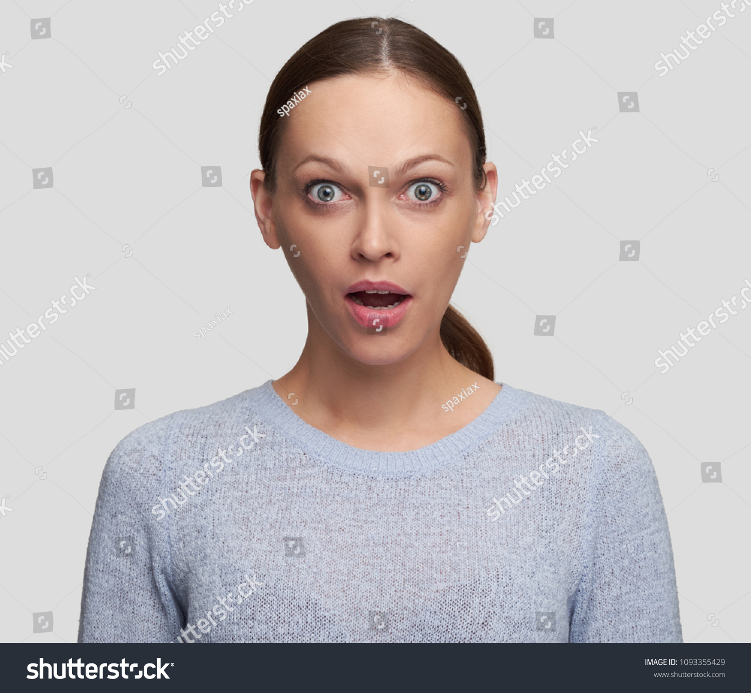 Shocked Young Woman Looking Camera Mouth Stock Photo 1093355429 ...