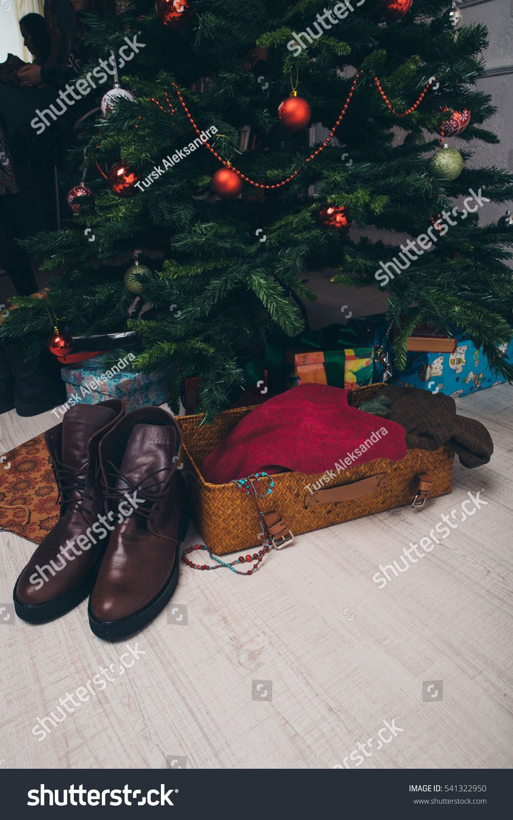 Shoes And Gifts Under The Christmas Tree Stock Photo 541322950 ...