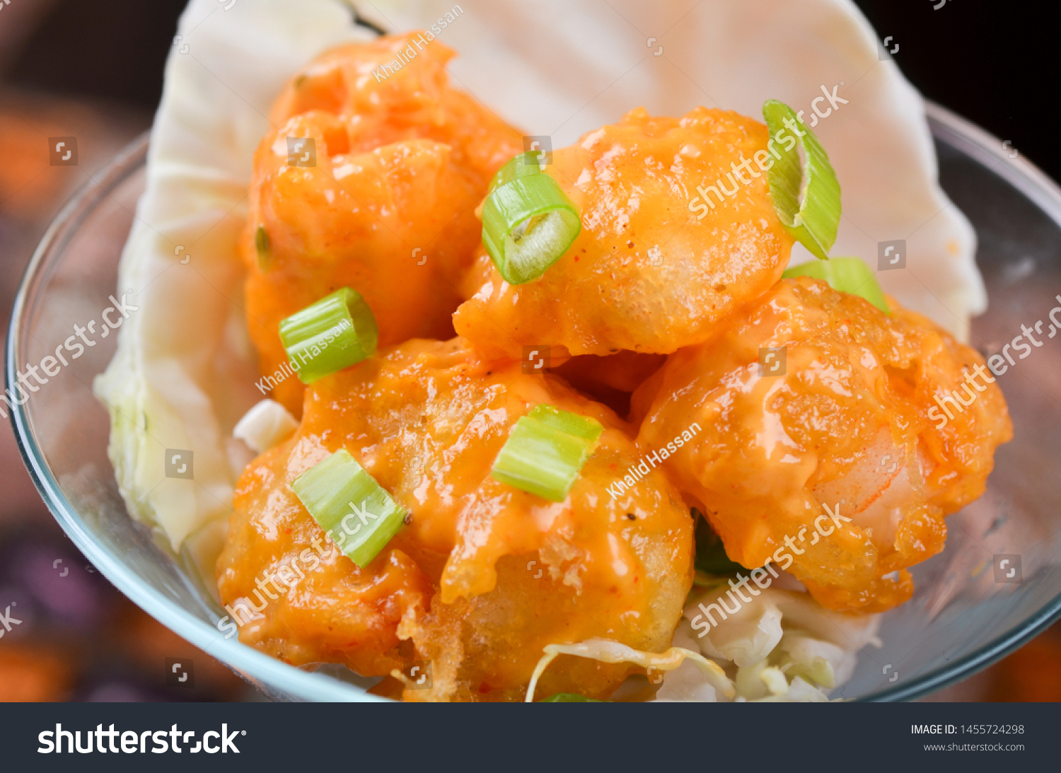 Shrimp Dynamite Glass Cup Sauce Leeks Food And Drink Stock Image