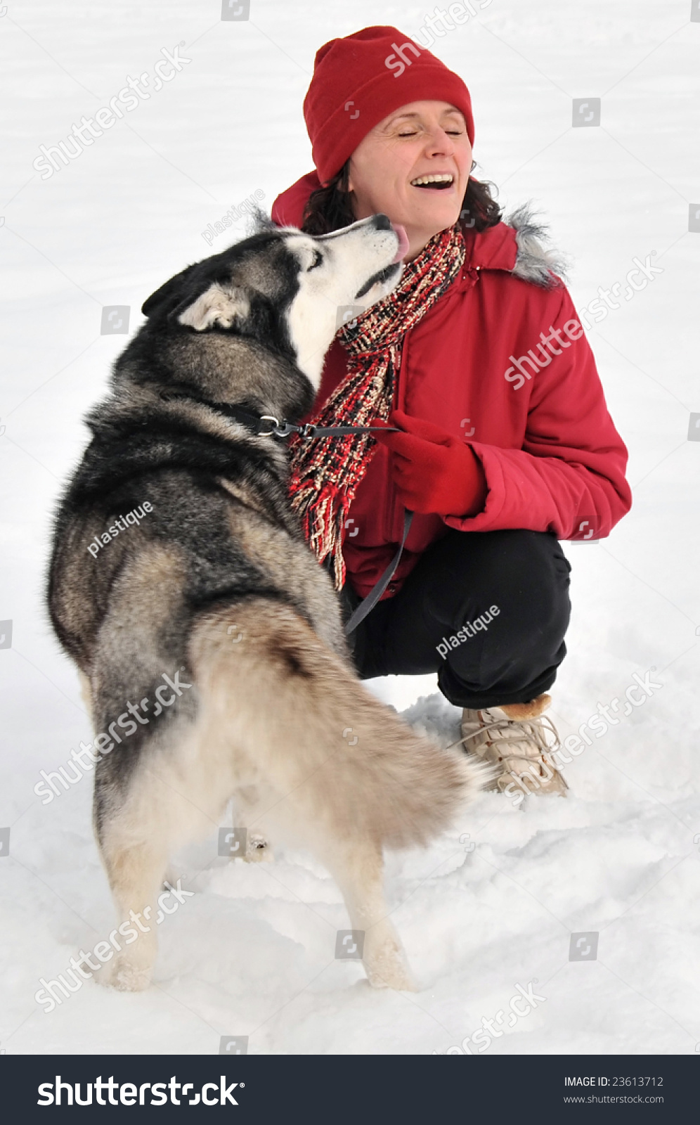 Siberian Husky Dog Licking The Face Of A Young Woman Dressed In Red ...