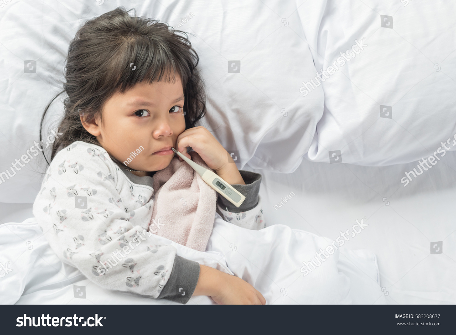 Sick Girl Lying Bed Thermometer Stock Photo Edit Now 583208677