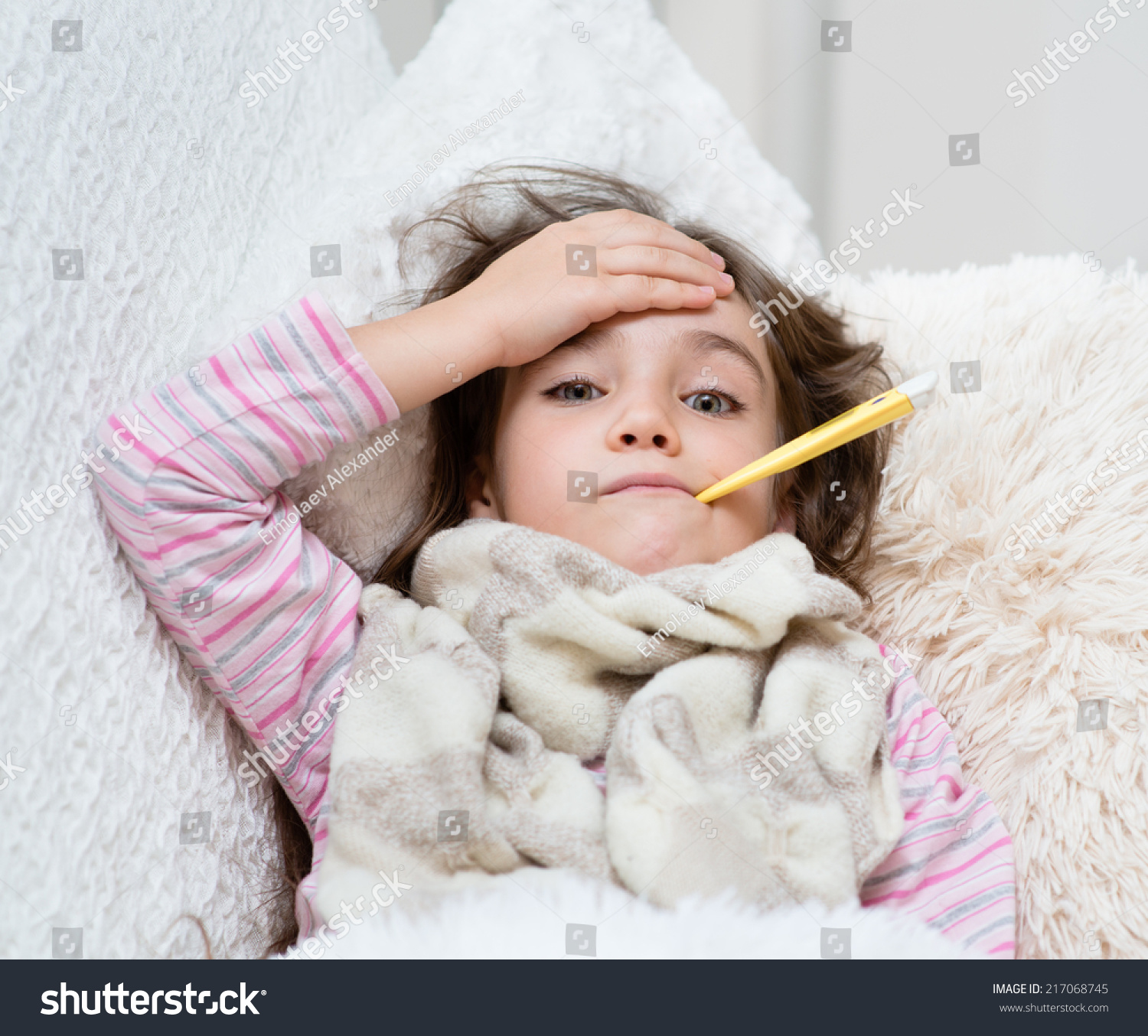 Photo De Stock Sick Girl Lying Bed Thermometer Mouth 217068745