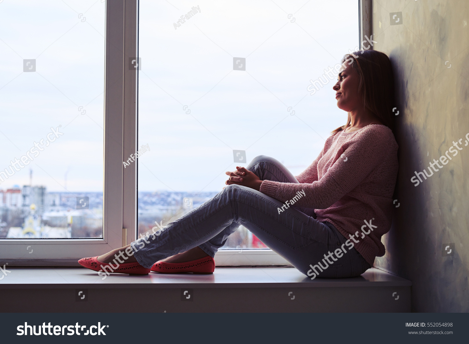 Side View Low Angle Shot Thoughtful People Stock Image