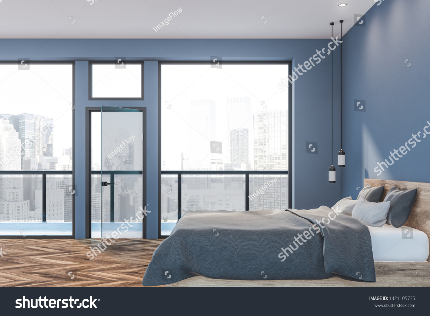 Side View Master Bedroom Blue Walls Stock Illustration