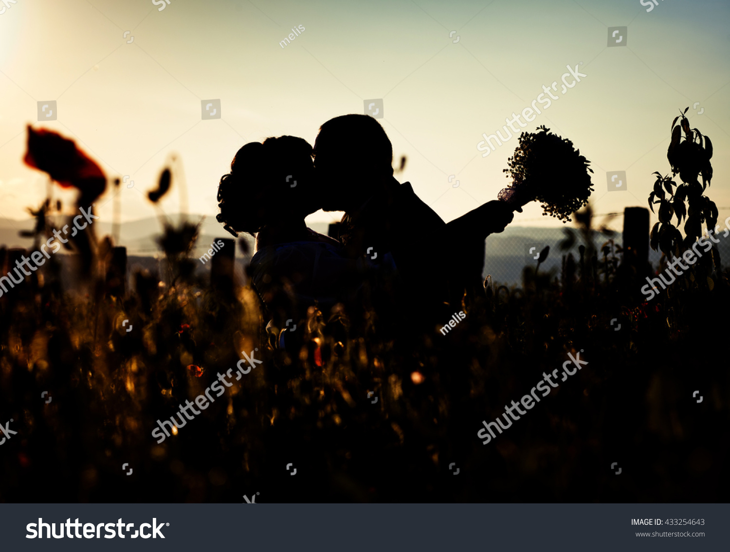 Silhouette Couple Kissing Over Sunset Background Stock Photo