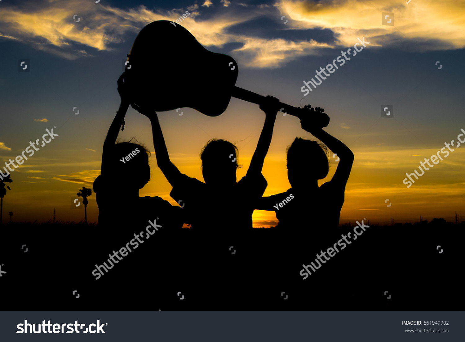 Silhouettegroup Happy Children Playing Guitar On Stock Photo 661949902