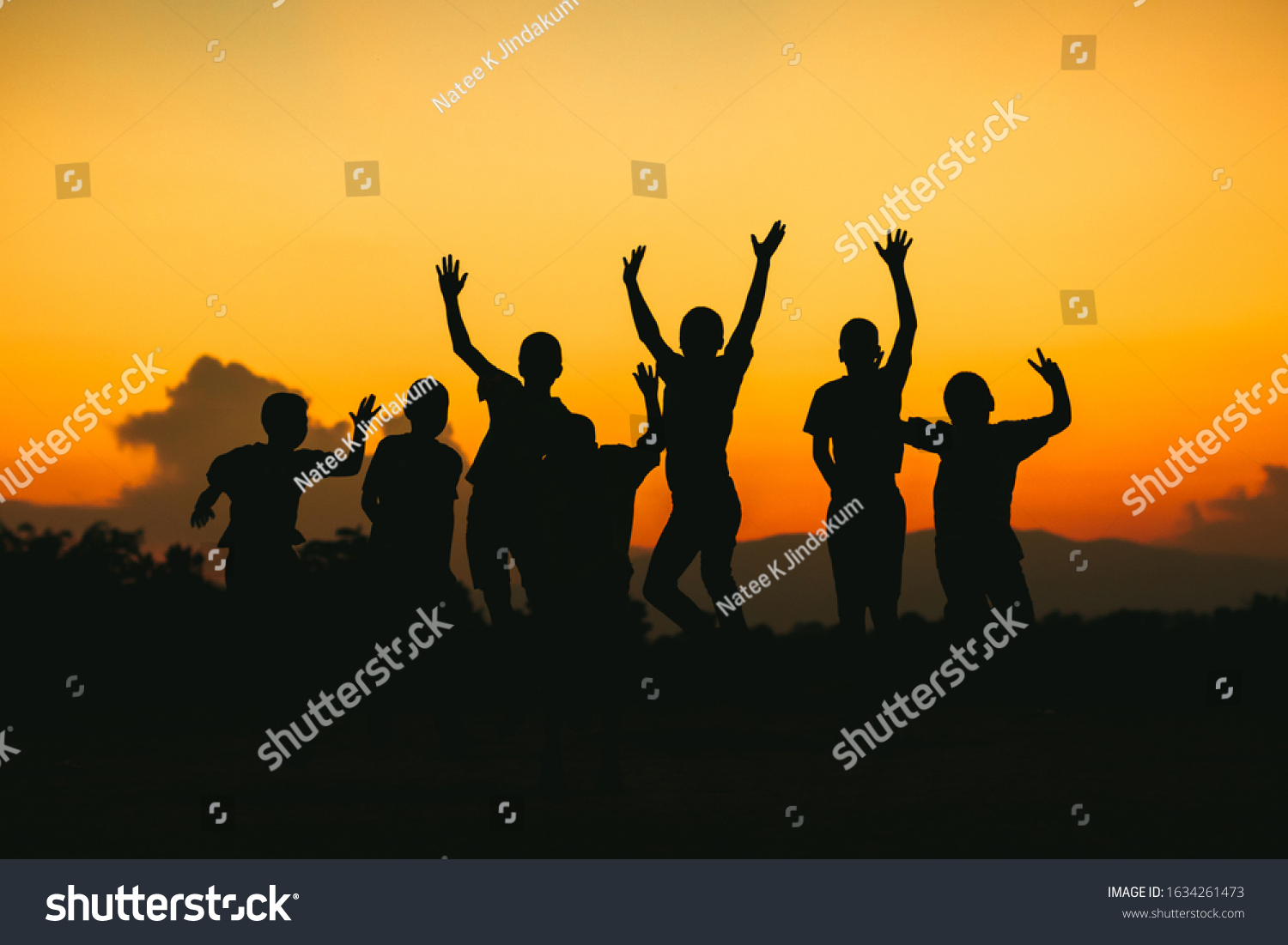 Silhouette Group Happy Jumping Kids Under Stock Photo 1634261473 ...