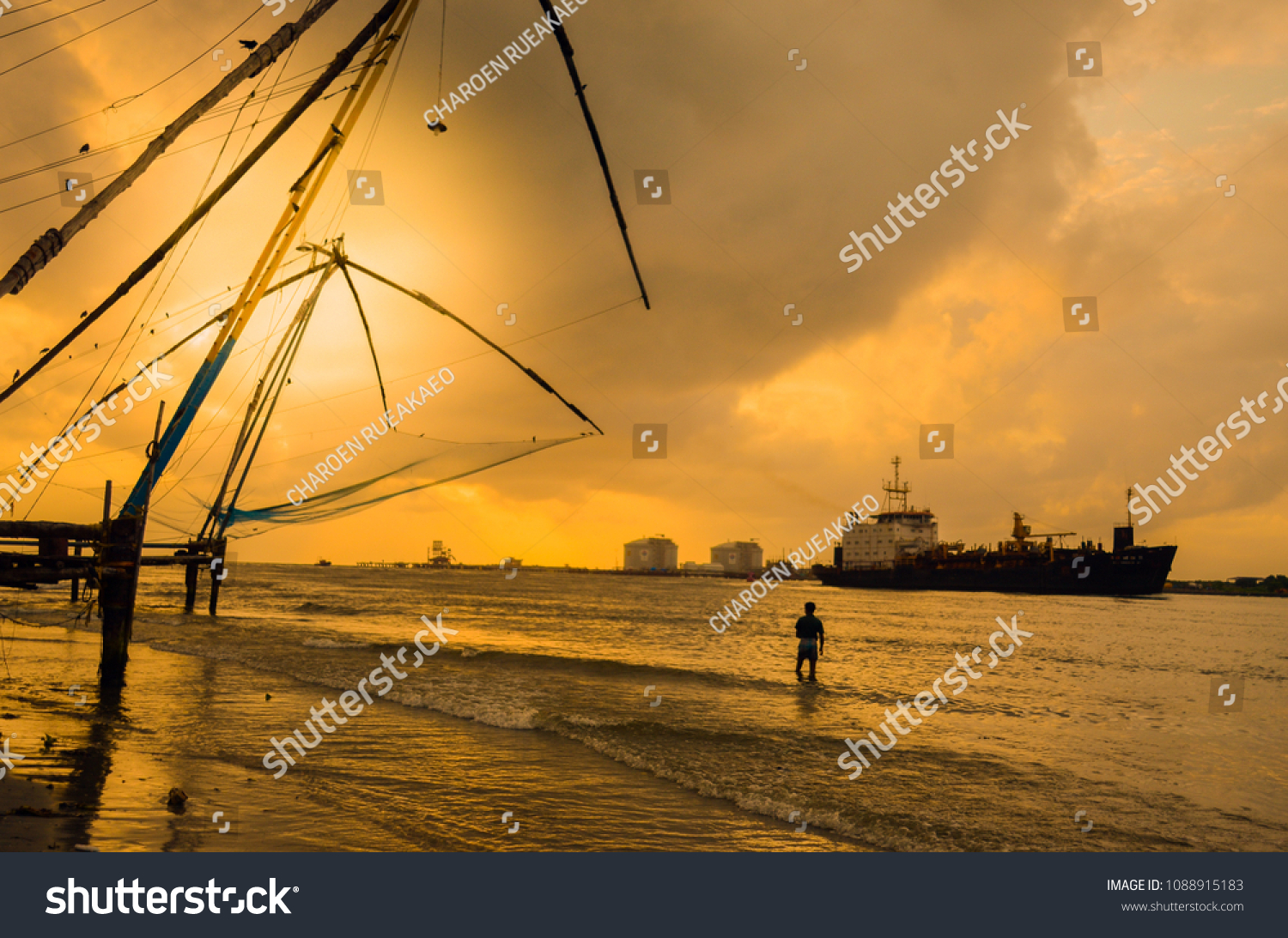 Silhouette Image Indian Style Fish Traps Vintage Stock Image