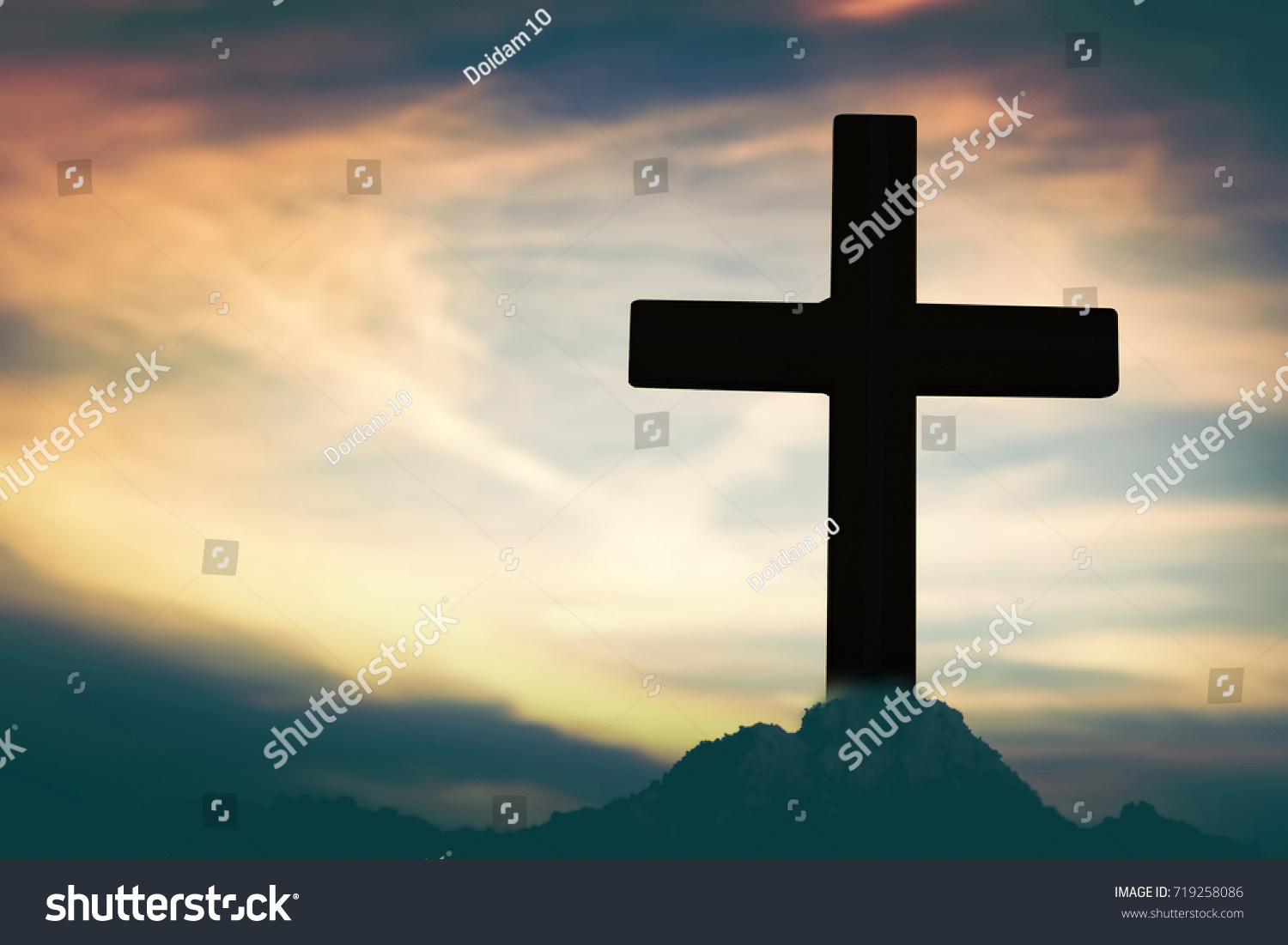 Silhouette Jesus Christ On Cross Background Stock Photo 719258086