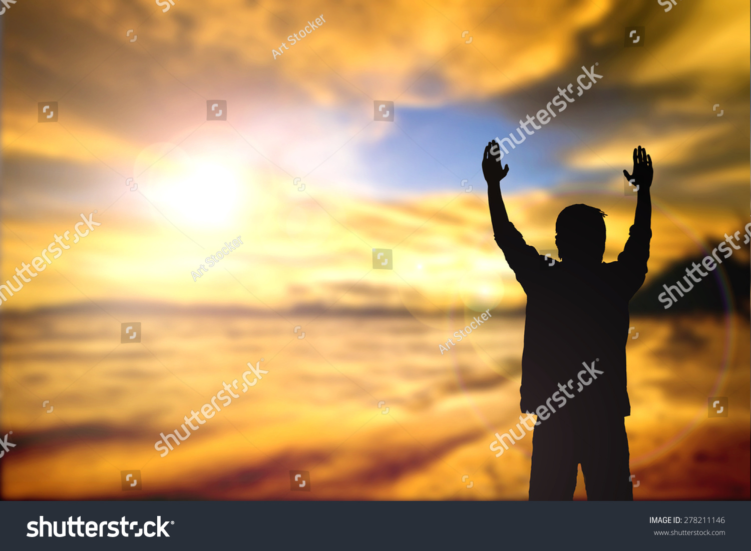 Silhouette Man Hands Rise On Beautiful Stock Photo (Edit Now) 278211146 ...