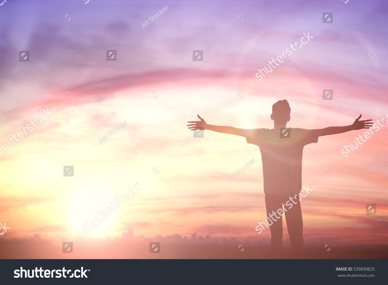 Silhouette Man Hands Rise On Beautiful Stock Photo 539830825 