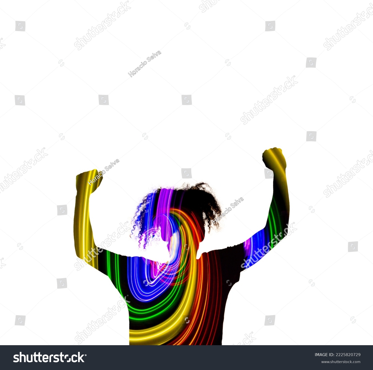 recommend clip art: Silhouette of a man with curlers and arms raised superimposed with colored lights. Double exposure photography. win concept