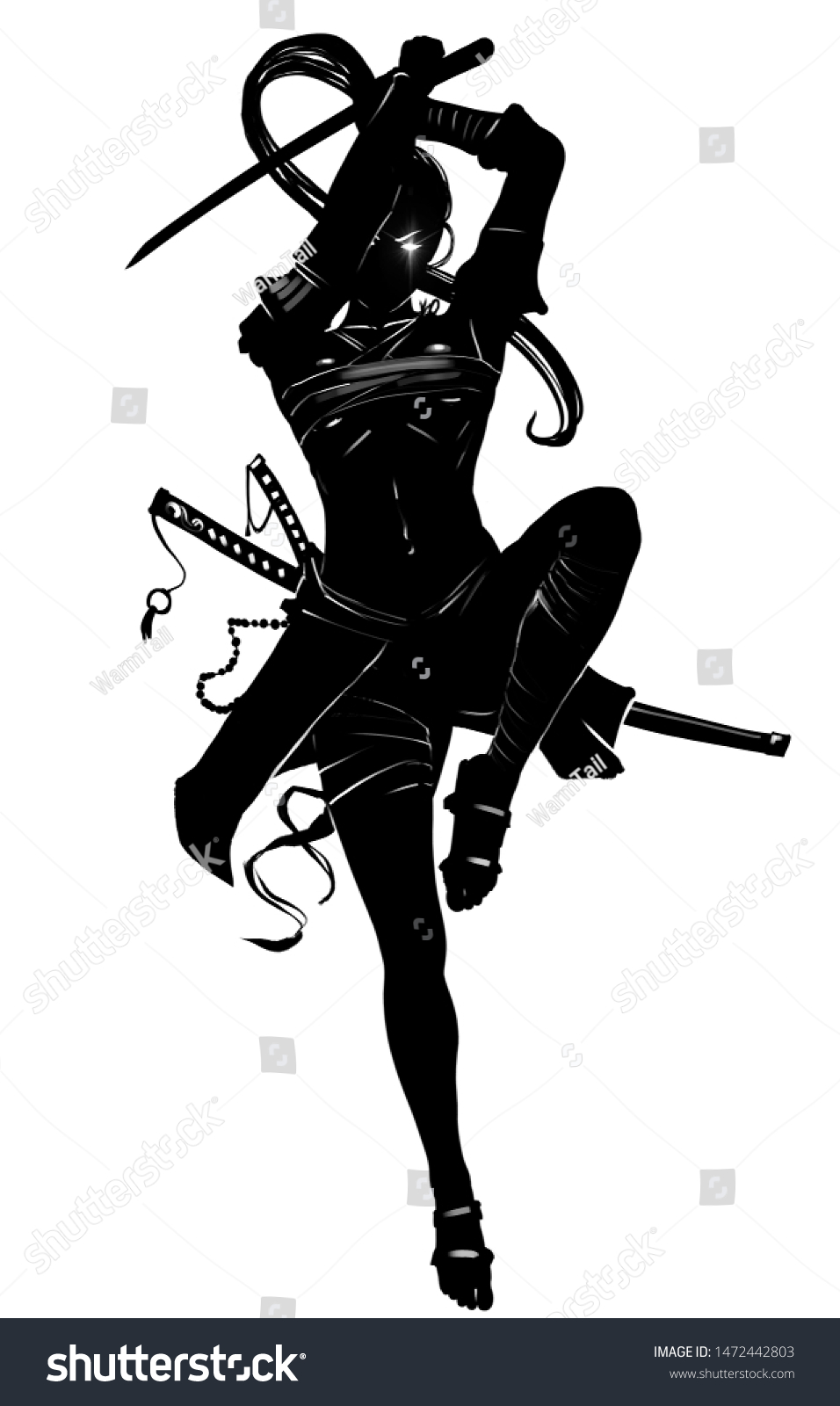 Silhouette Samurai Girl Who Attacks Jump のイラスト素材