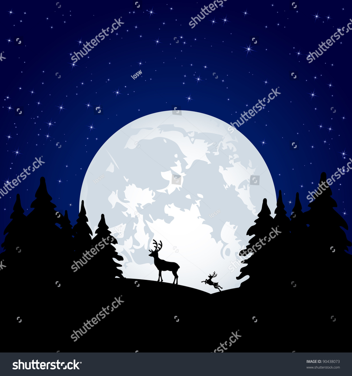 Silhouette Two Deer On Moon Background Stock Illustration 90438073