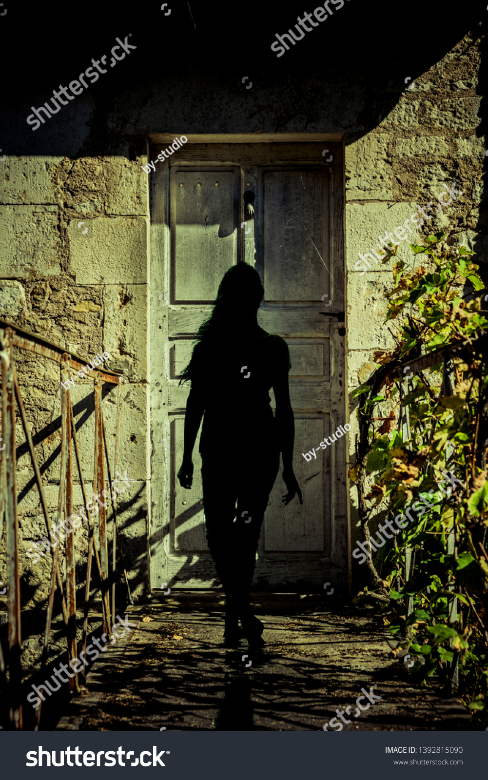 Silhouette Woman On Front Door Stock Photo Edit Now 1392815090