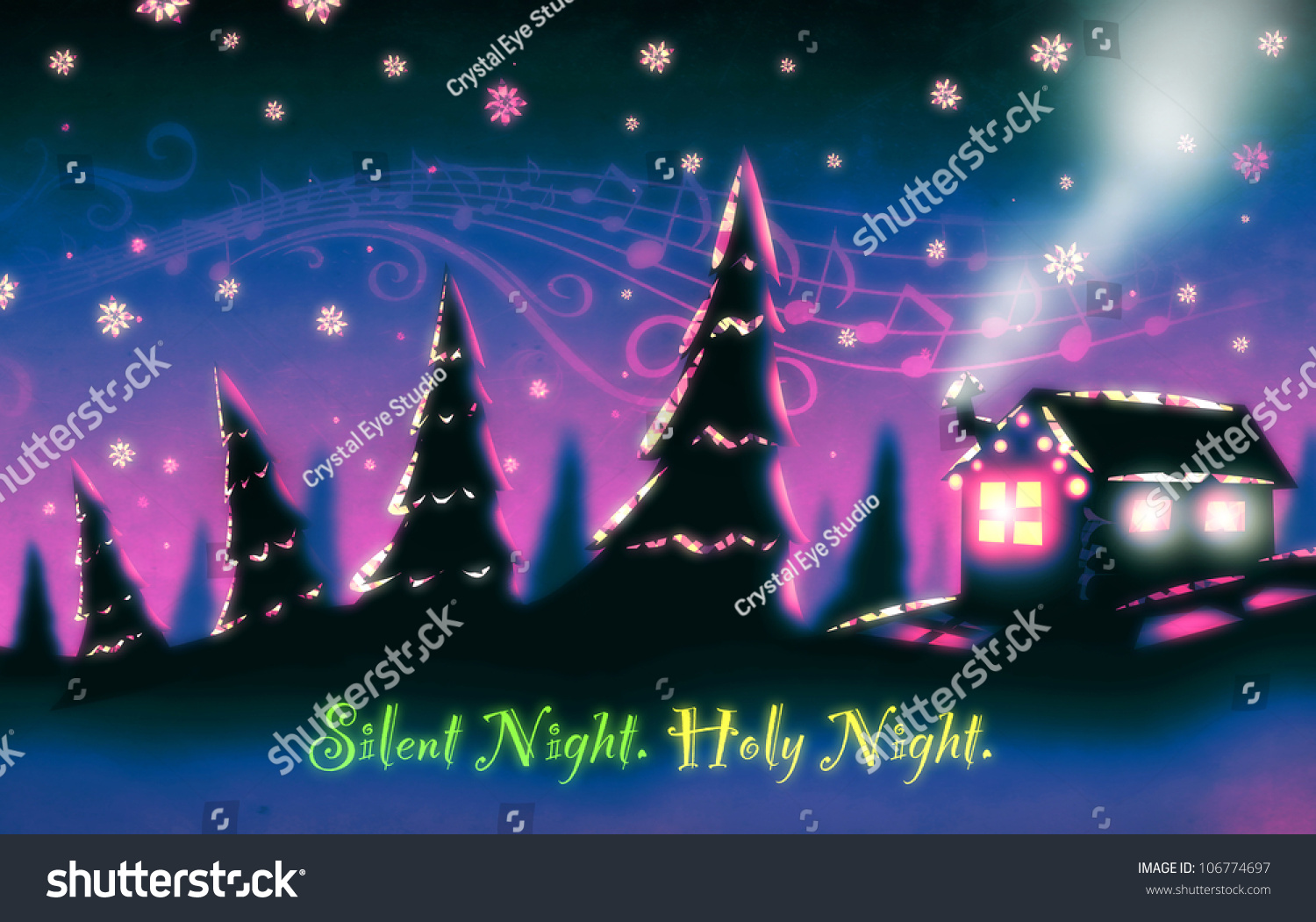 Silhouette Christmas Cottage Scene Falling Snow Stock Illustration 106774697