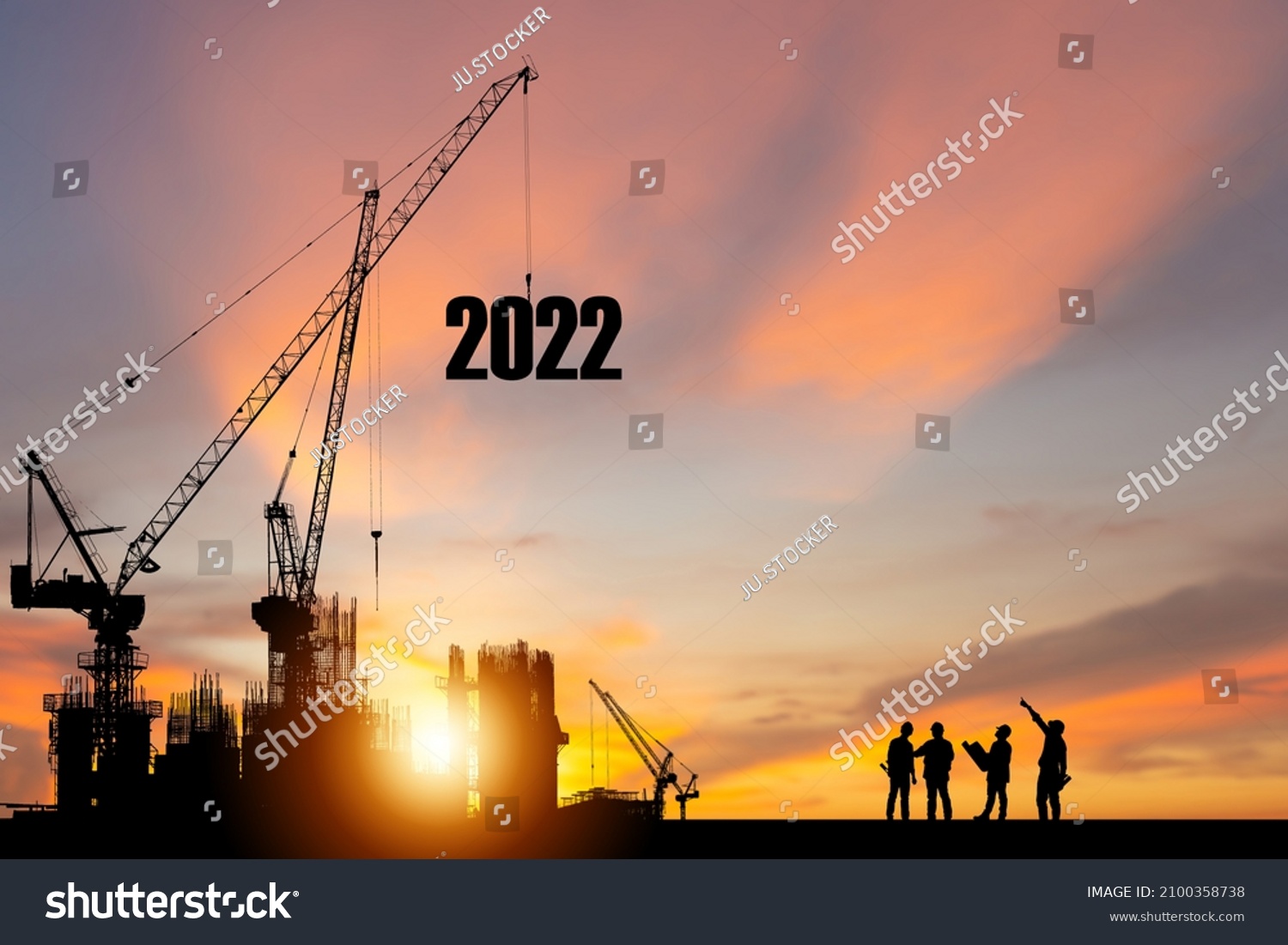 Silhouette Construction Worker Crane Sunset Sky Stock Photo 2100358738 ...