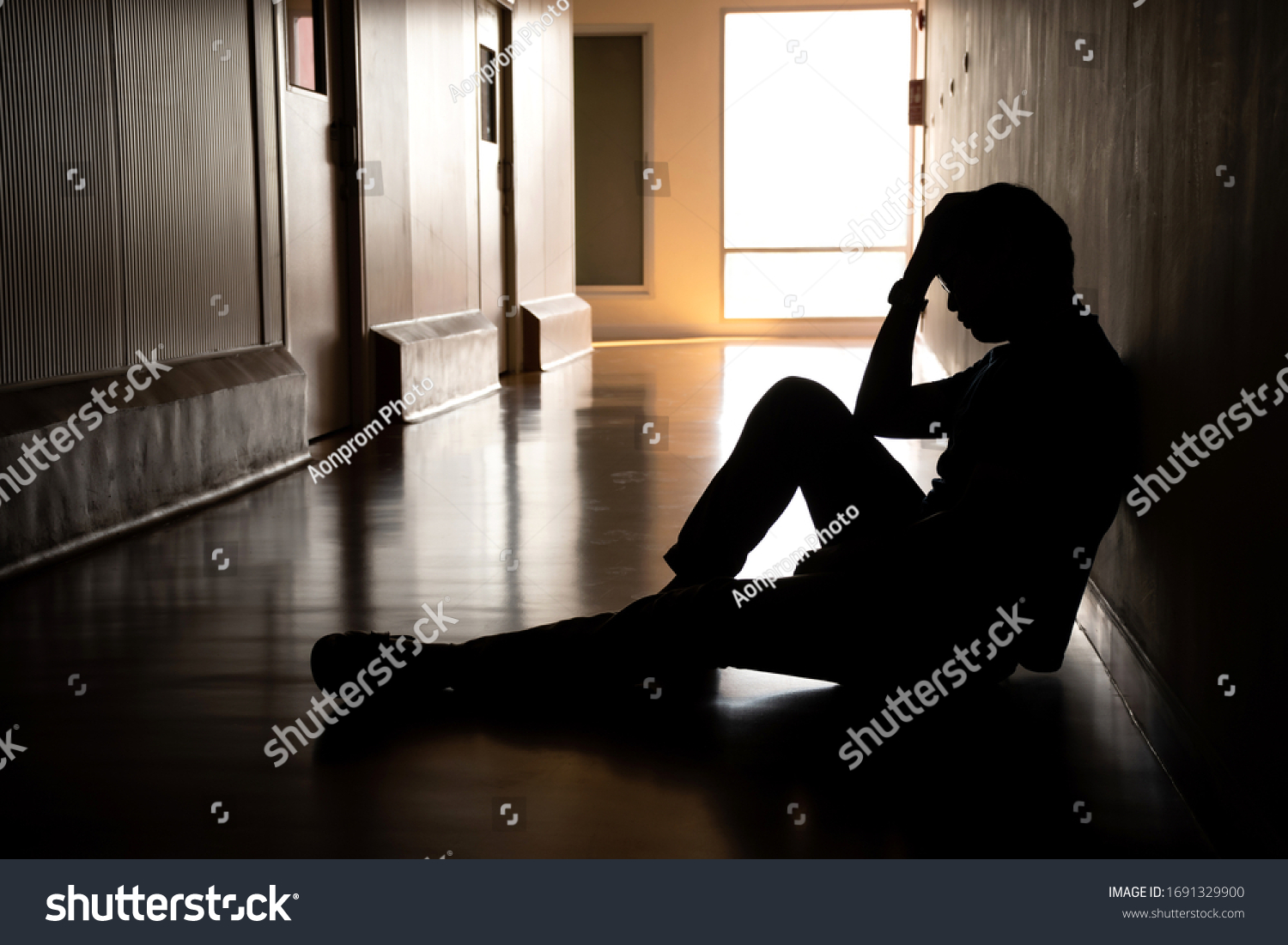 Silhouette Depressed Man Sitting On Walkway Stock Photo (Edit Now ...