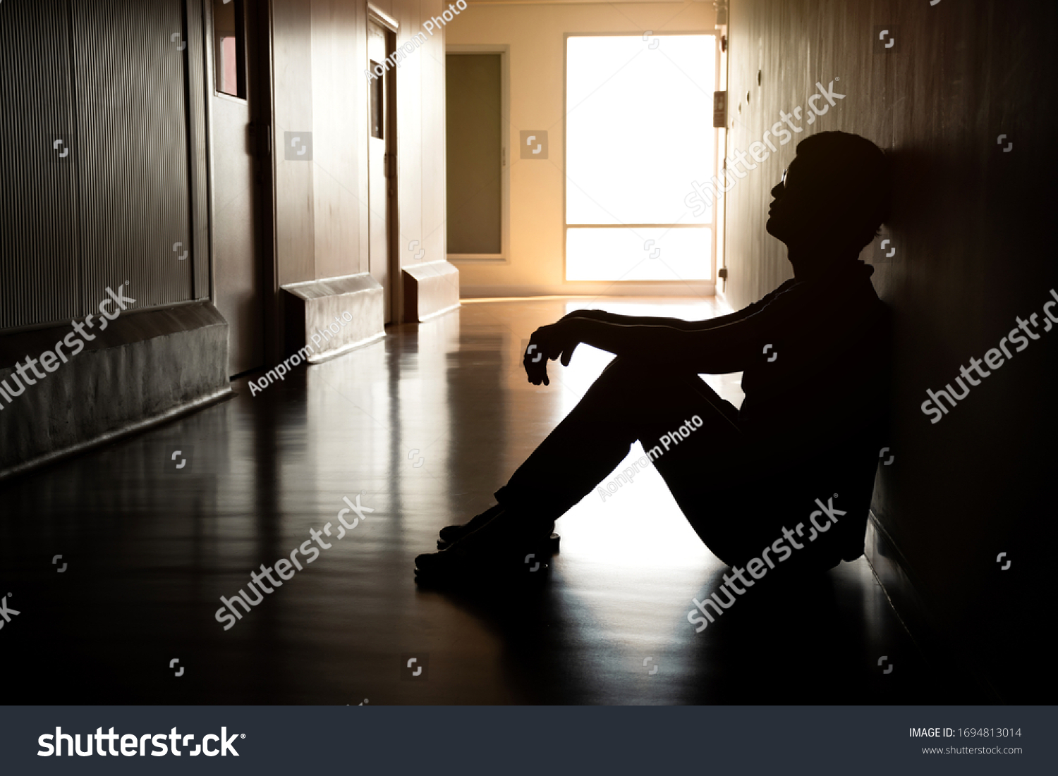 Silhouette Depressed Man Sitting On Walkway Stock Photo 1694813014 ...