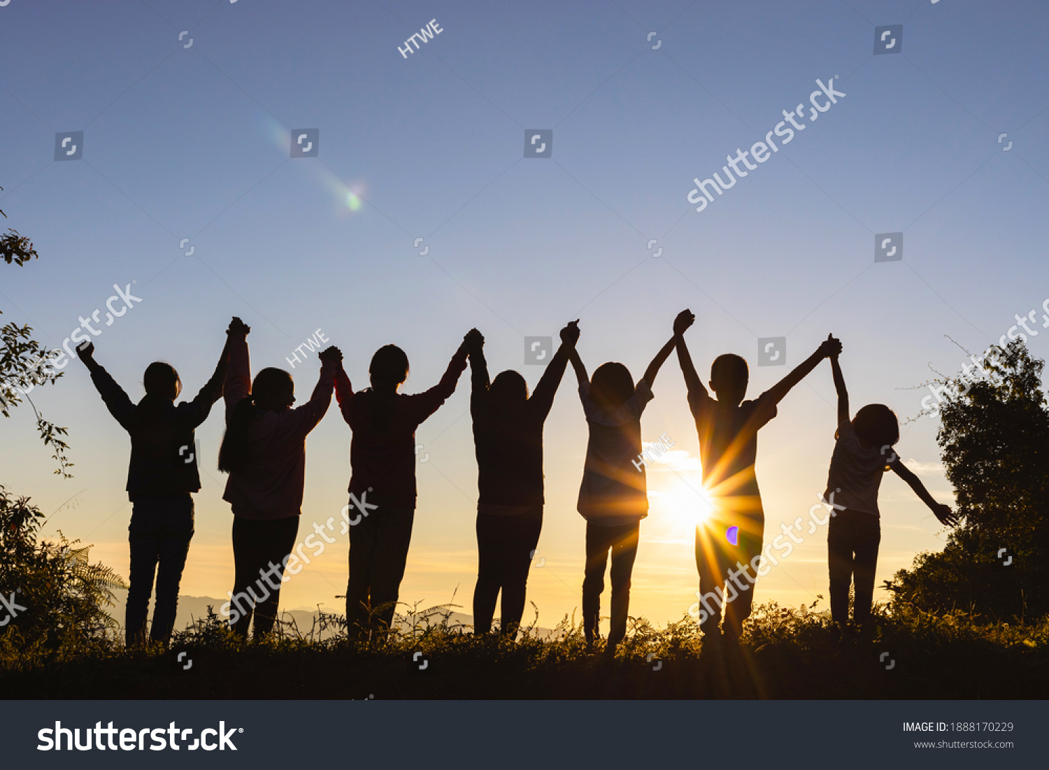 Silhouette Happy Children Standing Raised Hands Stock Photo 1888170229 ...