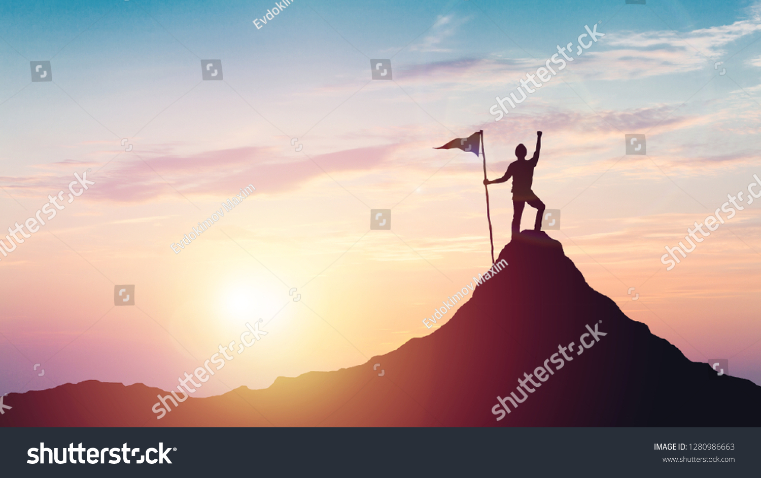 Silhouette Man Flag On Mountain Top Stock Photo 1280986663 