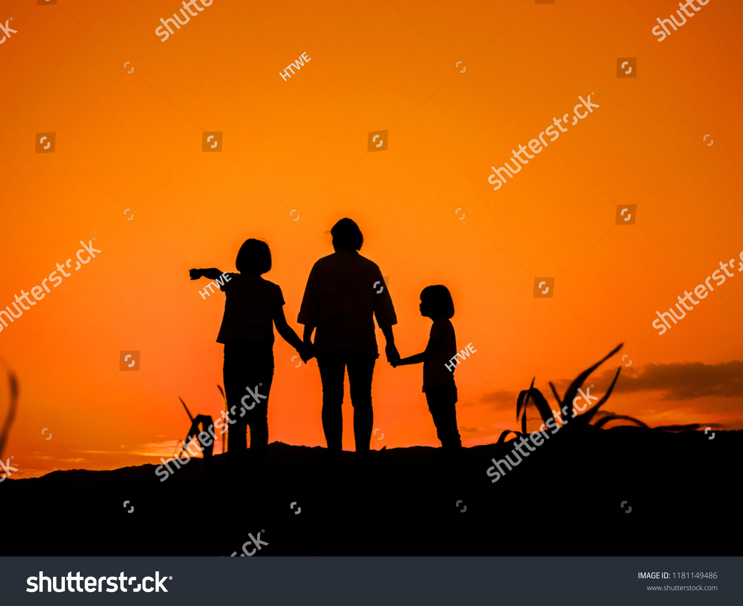 Silhouette Mother Her Two Daughters Looking Stock Photo 1181149486 ...