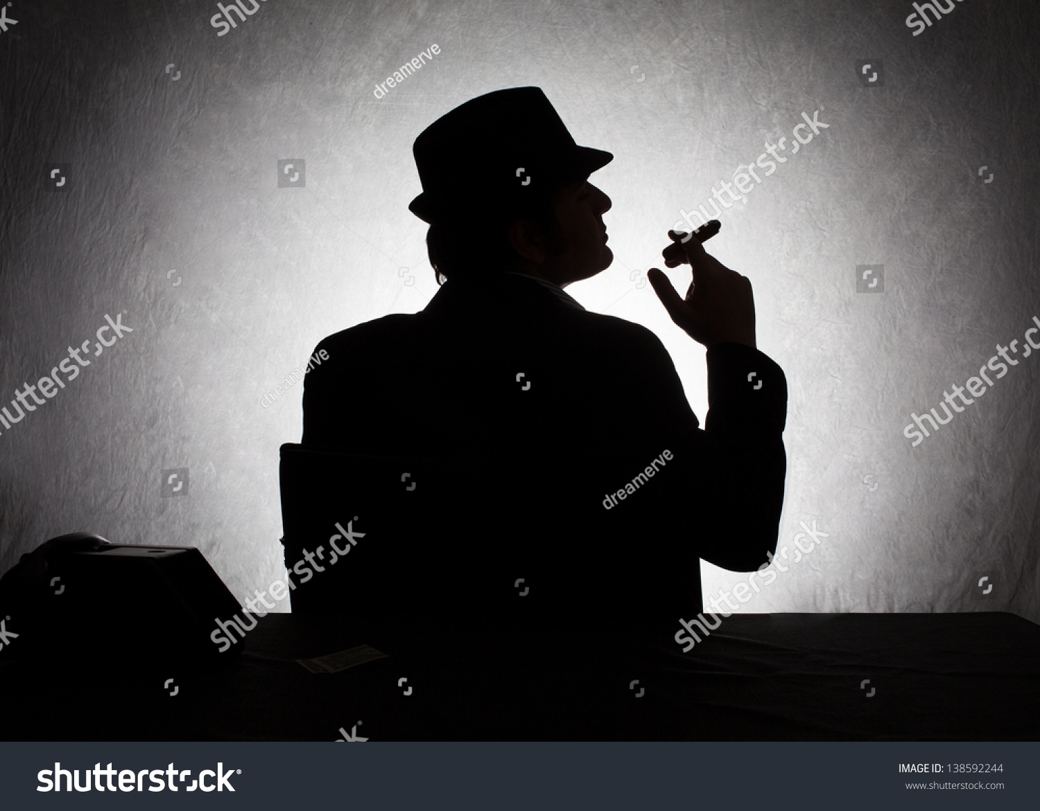 Silhouette Of Retro Style Gangster Holding His Cigar On Grunge ...