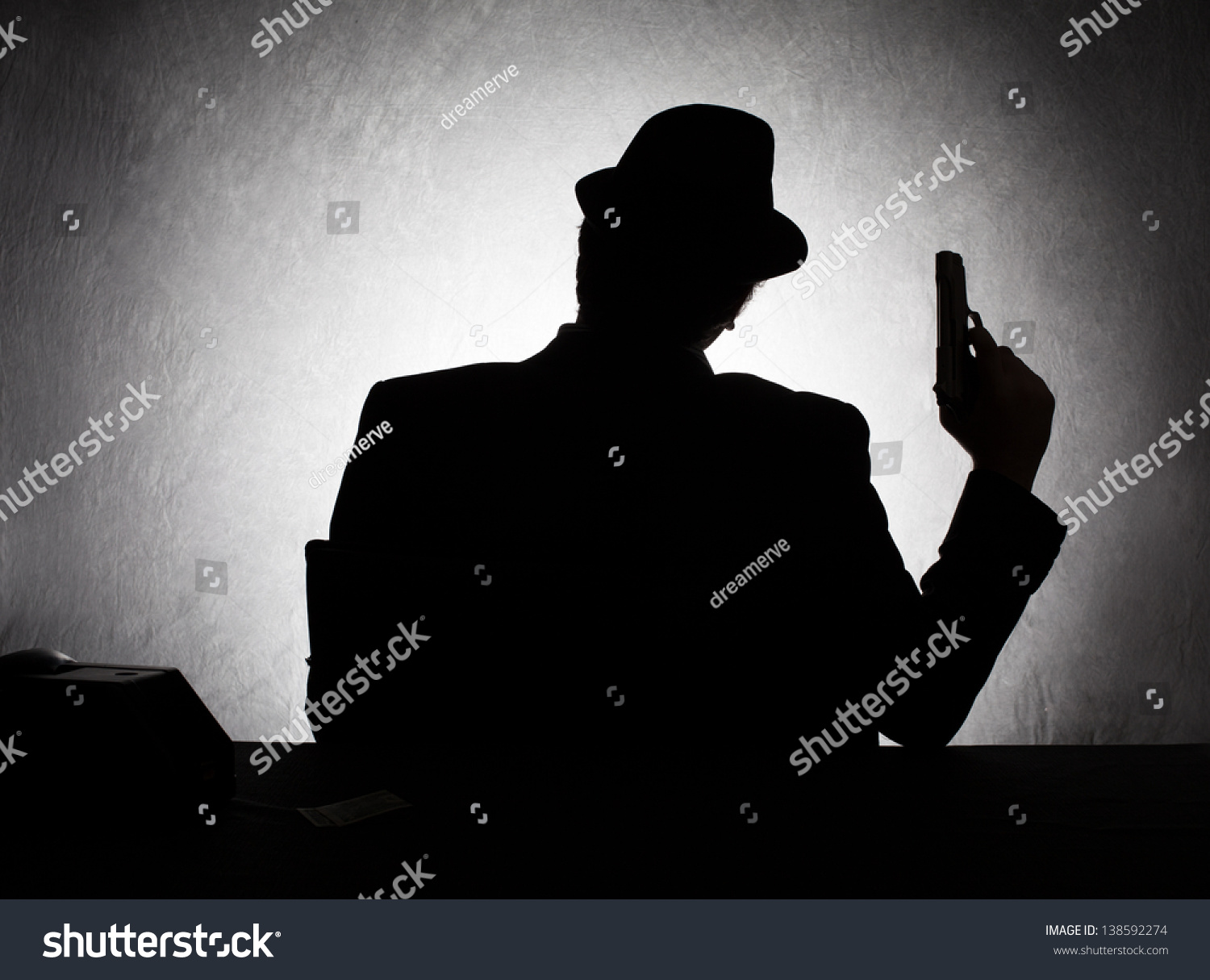 Silhouette Of Retro Style Gangster Holding His Gun On Grunge Background ...